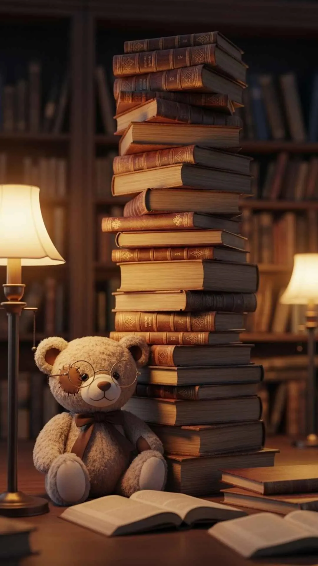 A smart and cute teddy bear DP with glasses and books, a unique avatar for students and book lovers