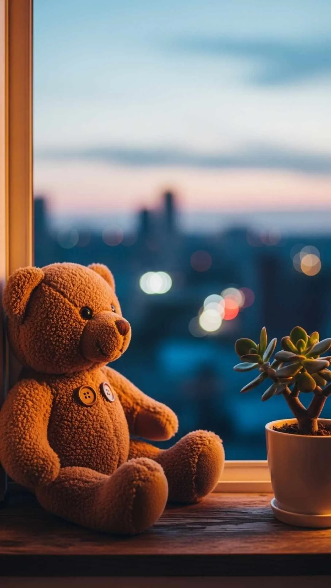 A cute teddy bear DP sitting on a windowsill at dusk, an aesthetic and peaceful profile picture.