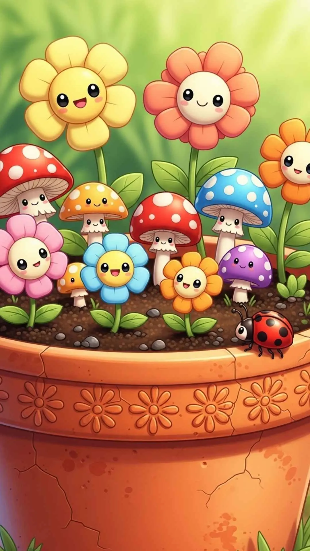 A cute drawing of a tiny garden in a flower pot, a detailed and adorable cartoon avatar or DP for someone who loves small, joyful things.