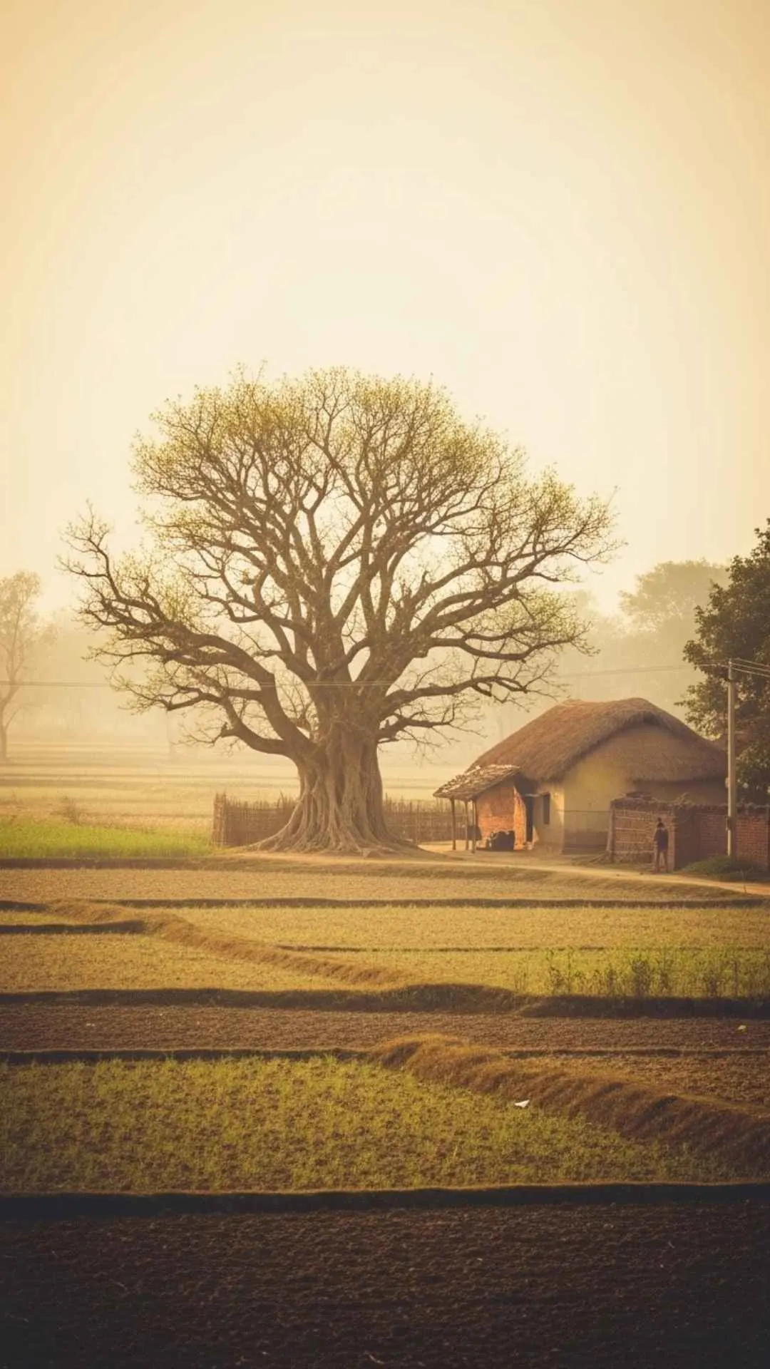 Serene rural Indian landscape at golden hour with a banyan tree, an aesthetic Indian scenery DP perfect for nature lovers in India.