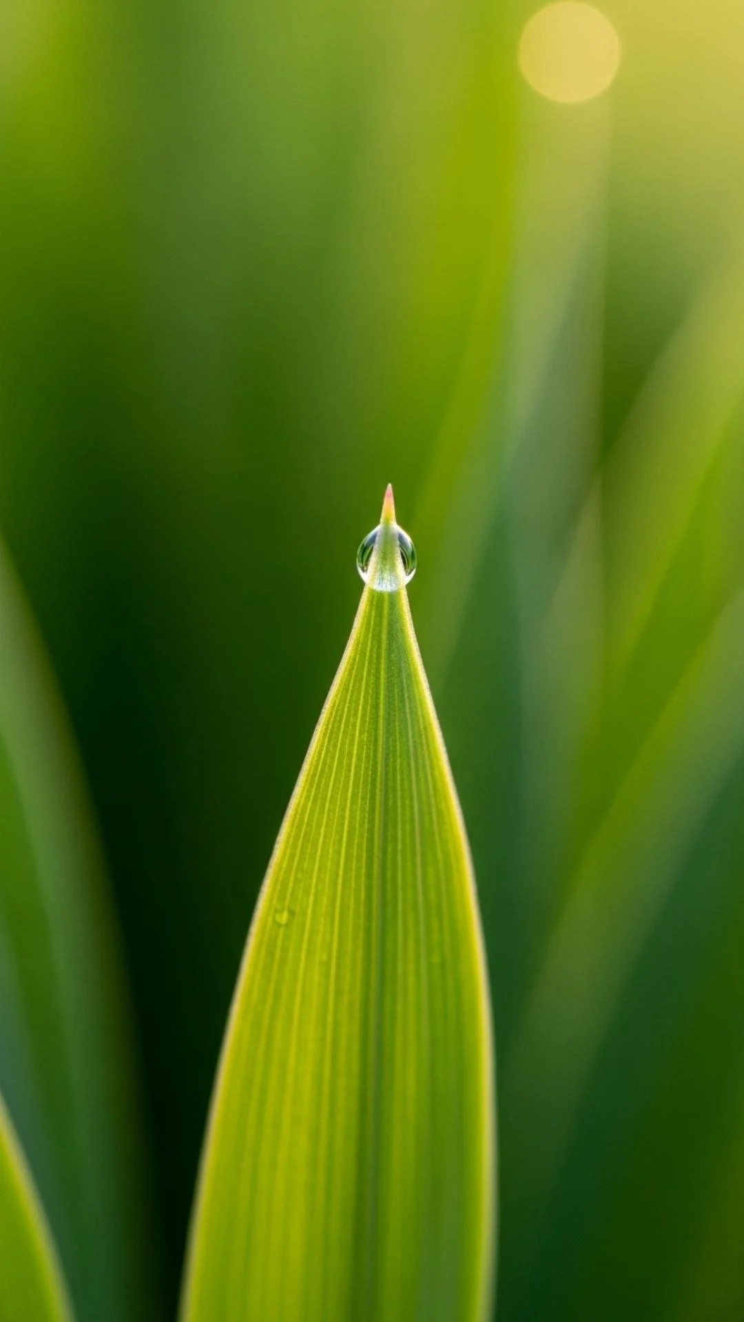 A dewdrop perched precariously on the tip of a green leaf, glistening brightly. The background is a soft, out-of-focus blur of lush green, 9:16 aspect ratio.