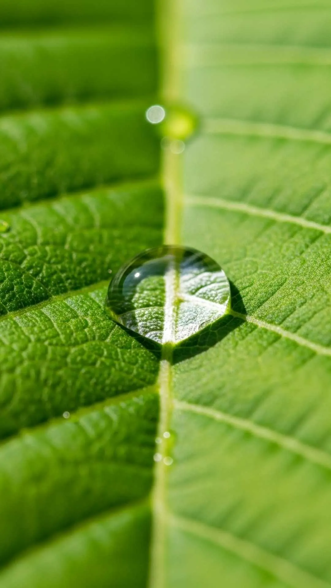 Peaceful WhatsApp DP featuring a single dewdrop on a green leaf, symbolizing purity, freshness, and finding beauty in small things.