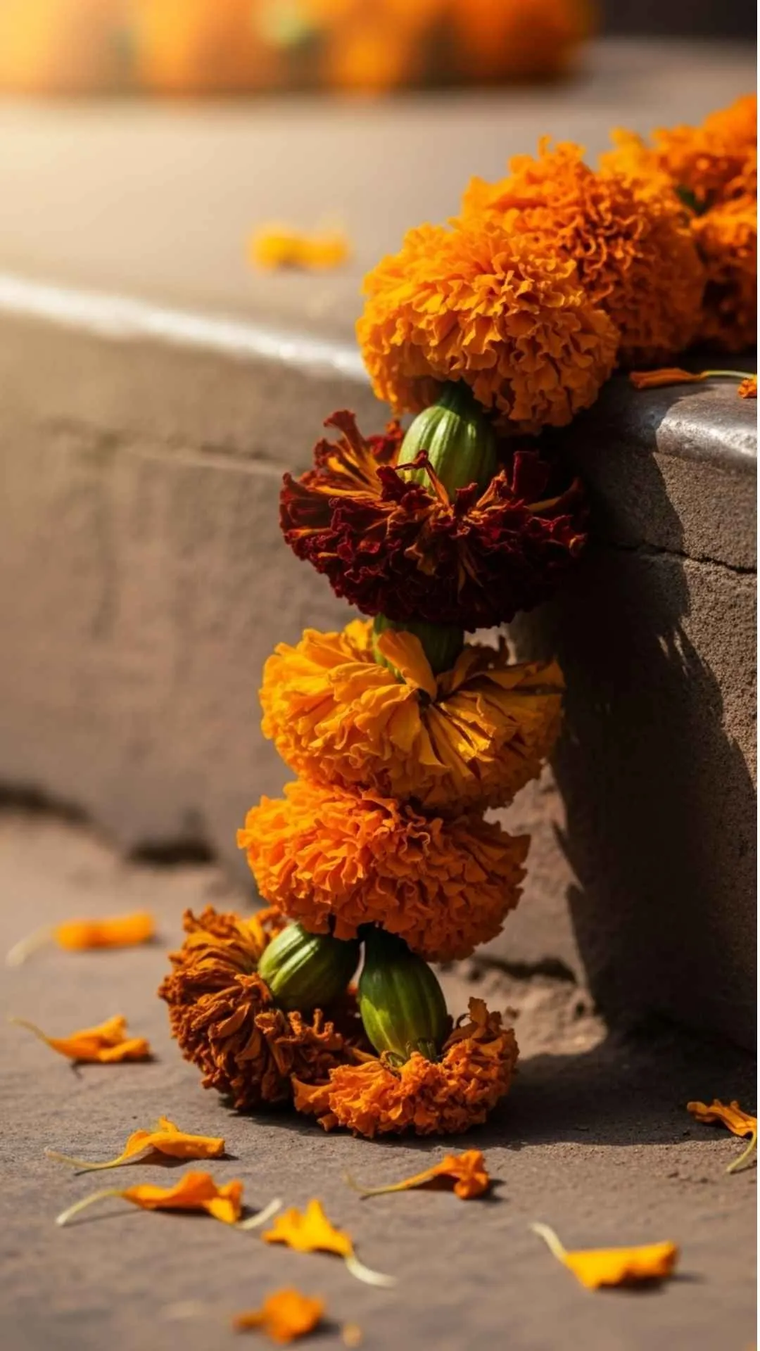 Discarded marigold garland DP, wilting flowers, faded joy, end of celebration, sad Indian aesthetic, forgotten beauty.