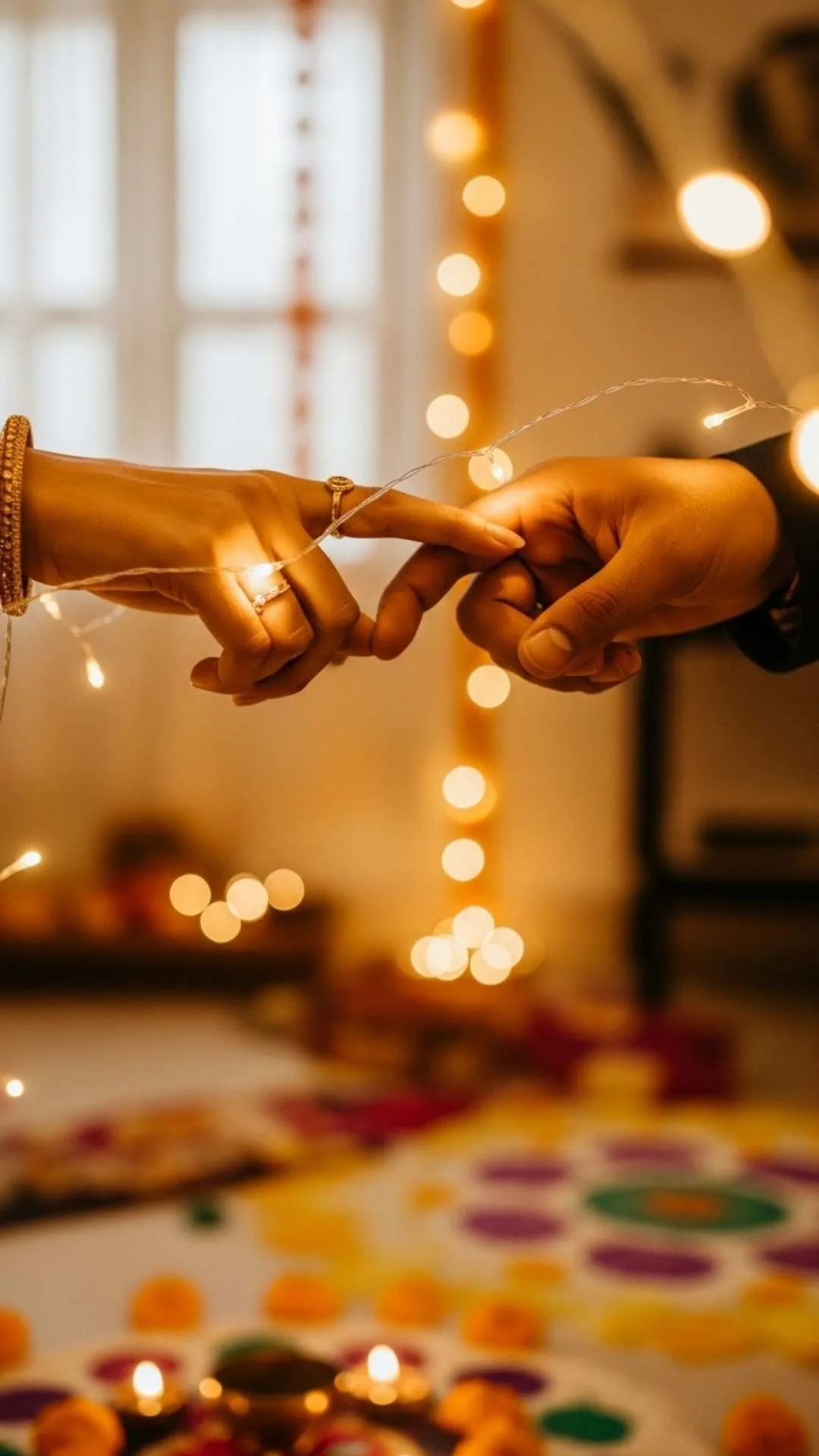 Indian couple's intertwined fingers, warm glow of Diwali lights, festive romance, comforting togetherness.