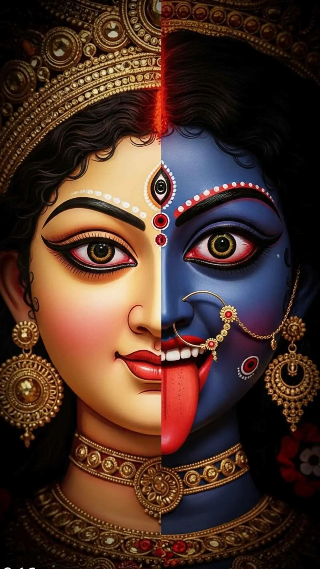 A powerful DP showing the duality of Shakti, with the faces of serene Maa Durga and fierce Maa Kali merged into one. #DurgaKali #TwoFacesOfShakti #DivineFeminine #Duality #GoddessPower