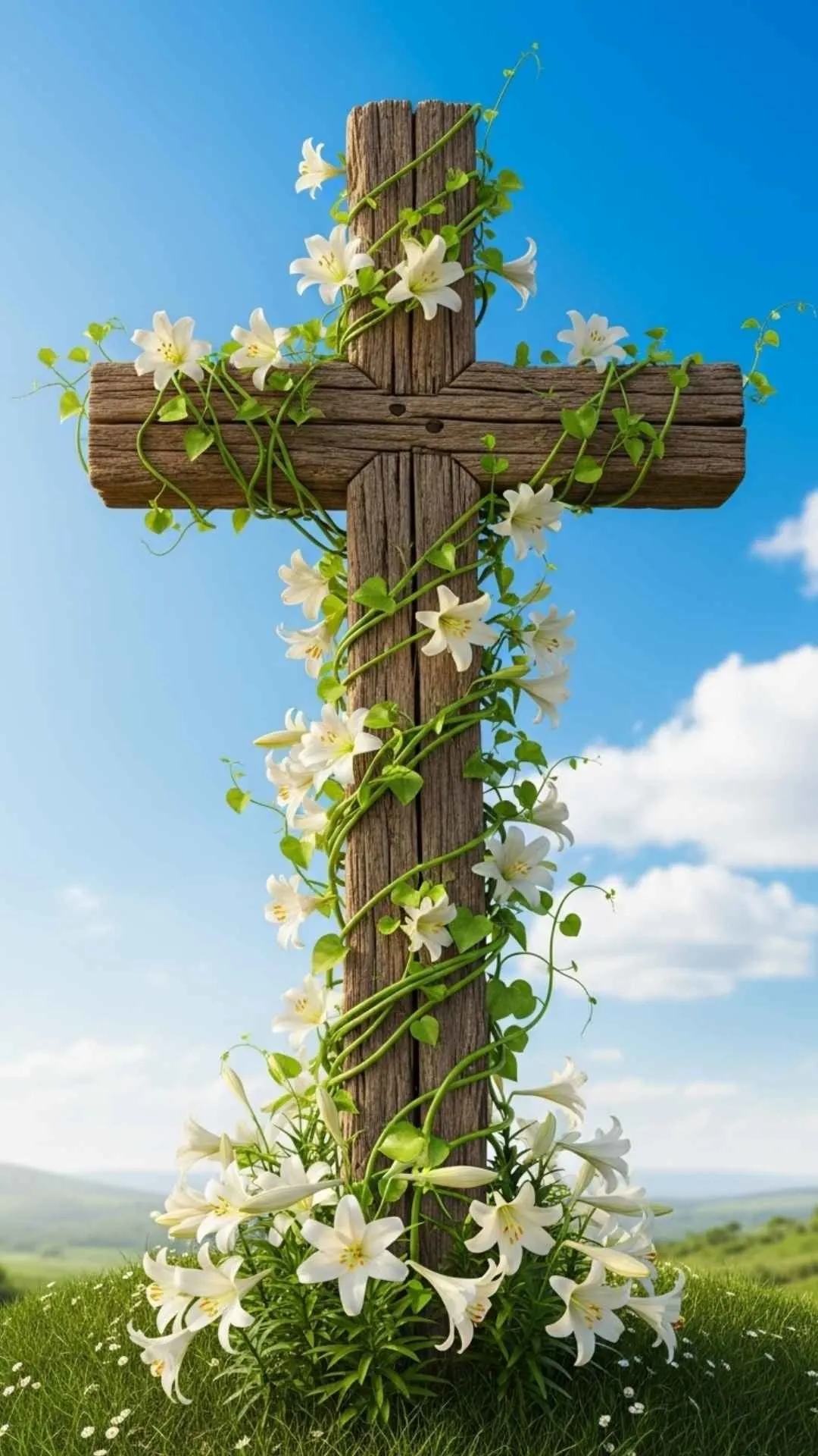 An inspiring Easter DP of a wooden cross covered in blooming white lilies, symbolizing new life and hope through Christ's sacrifice. #EasterCross #NewLife #Resurrection #Hope #ChristianSymbol