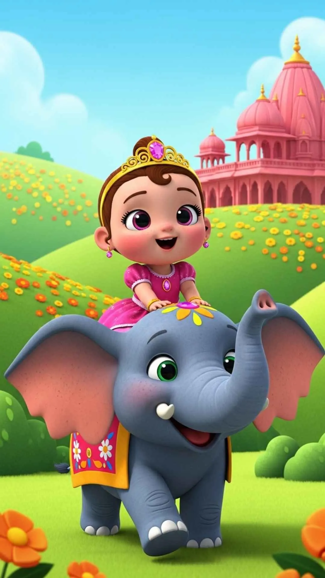 Cartoon baby princess riding a cute elephant, fun WhatsApp DP.