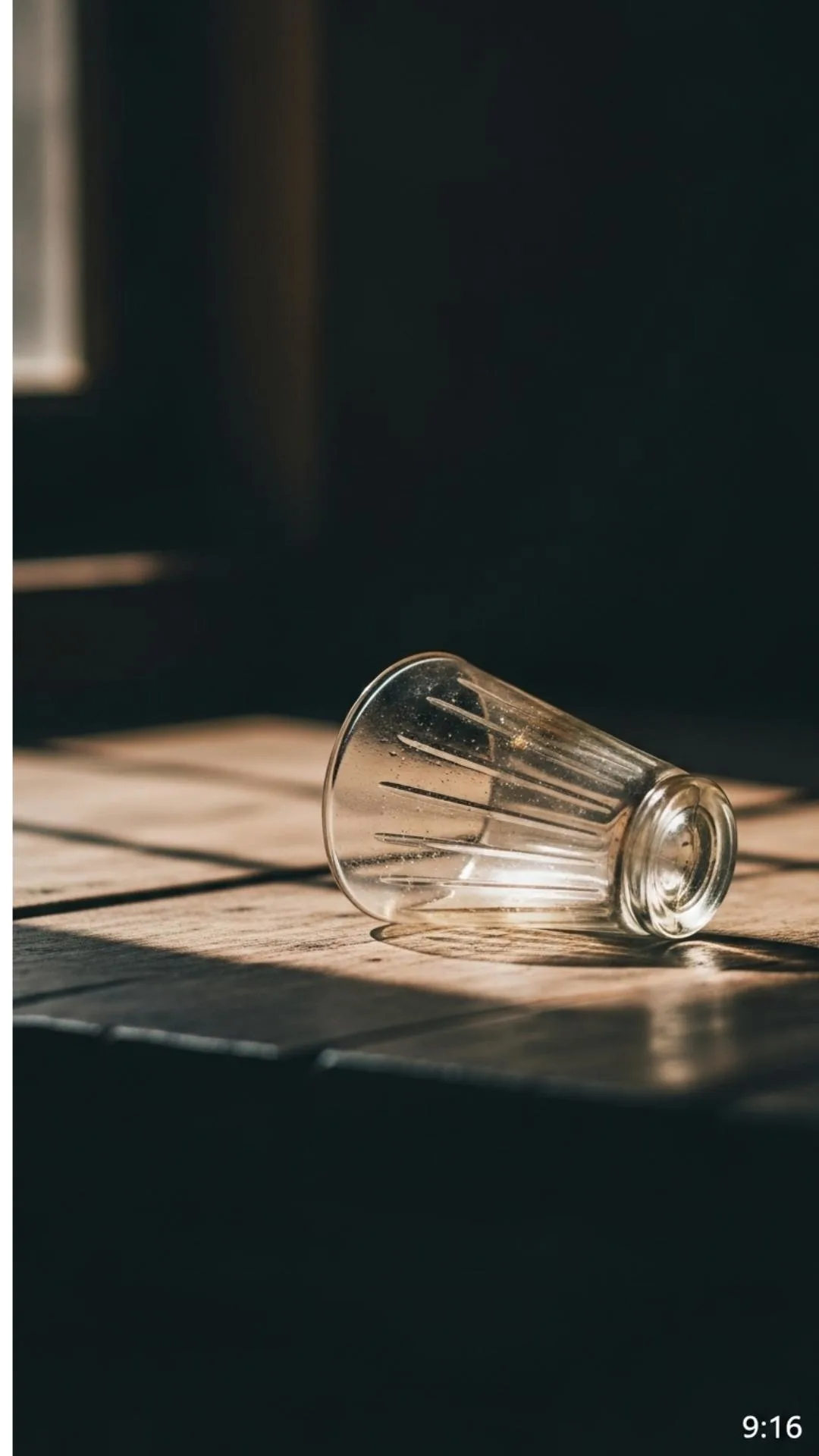 Empty chai glass DP, rustic wooden table, fading light, symbol of emptiness, mood off aesthetic, quiet reflection.
