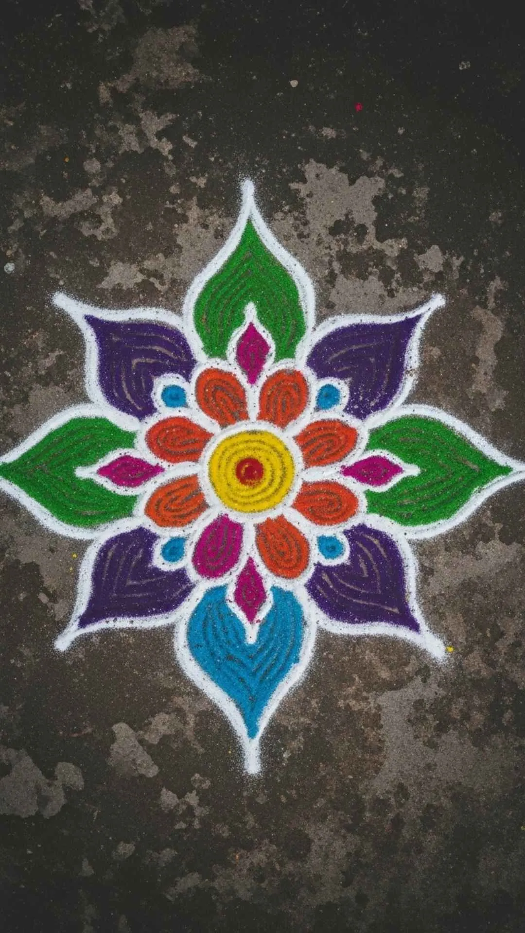 Faded rangoli DP, worn Indian floor art, melancholic beauty, lost vibrancy, traditional sadness profile picture.
