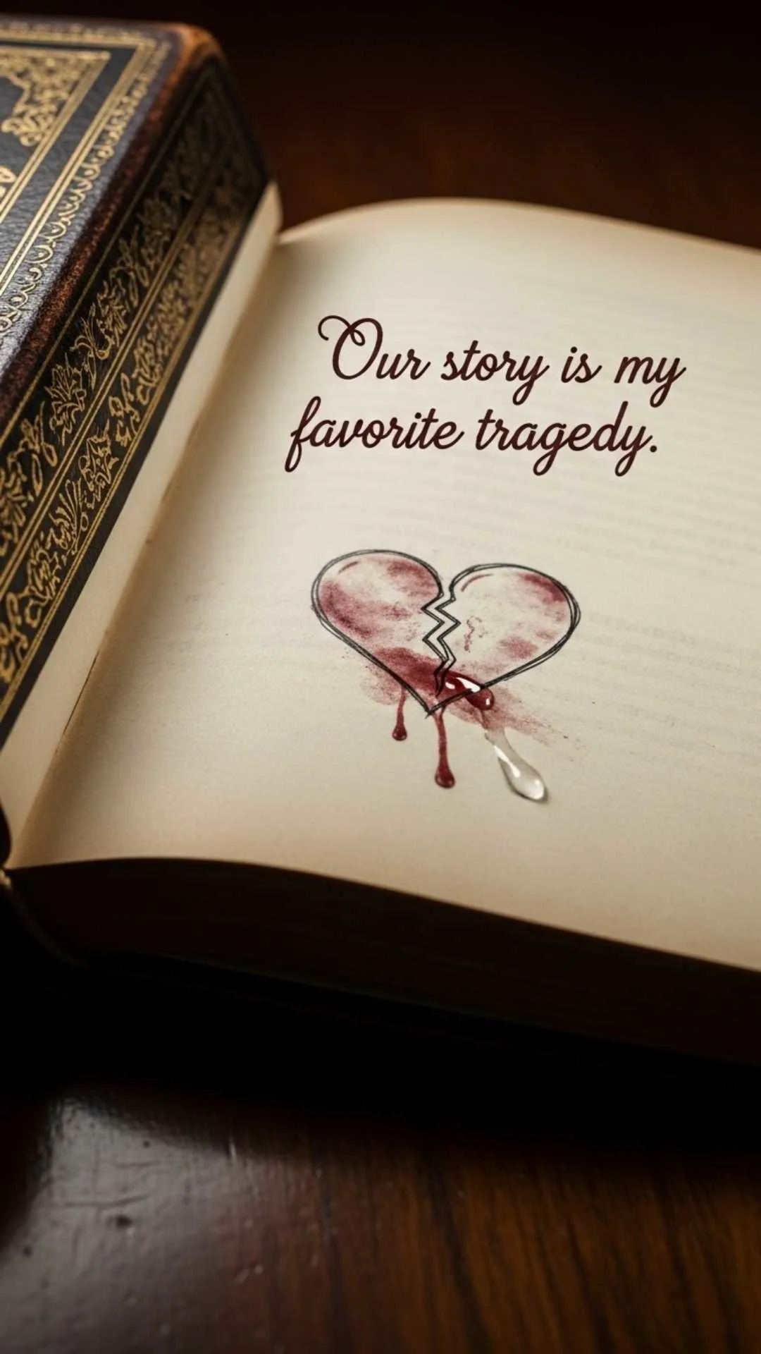 An emotional quote DP for a broken heart with the text "Our story is my favorite tragedy" on an open book