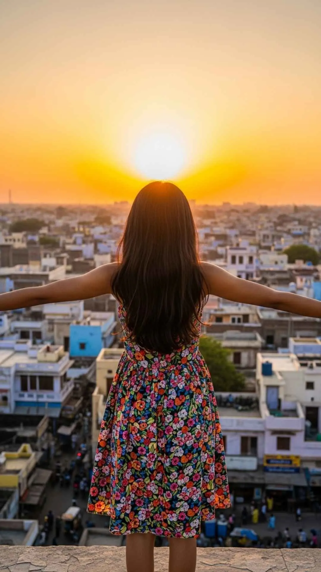 Joyful girl Facebook DP, vibrant profile picture, girl embracing sunrise, positive urban view FB DP