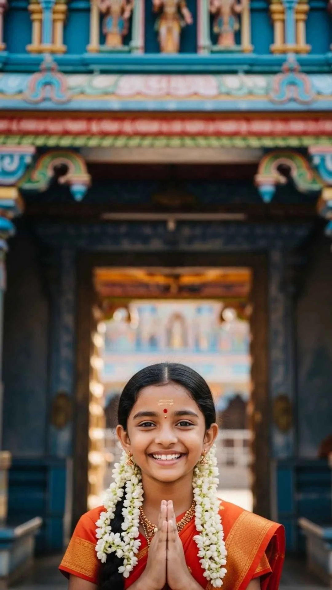 Temple visit Facebook DP for girls, joyful devotion profile picture, Hindu temple FB DP, blessed girl avatar