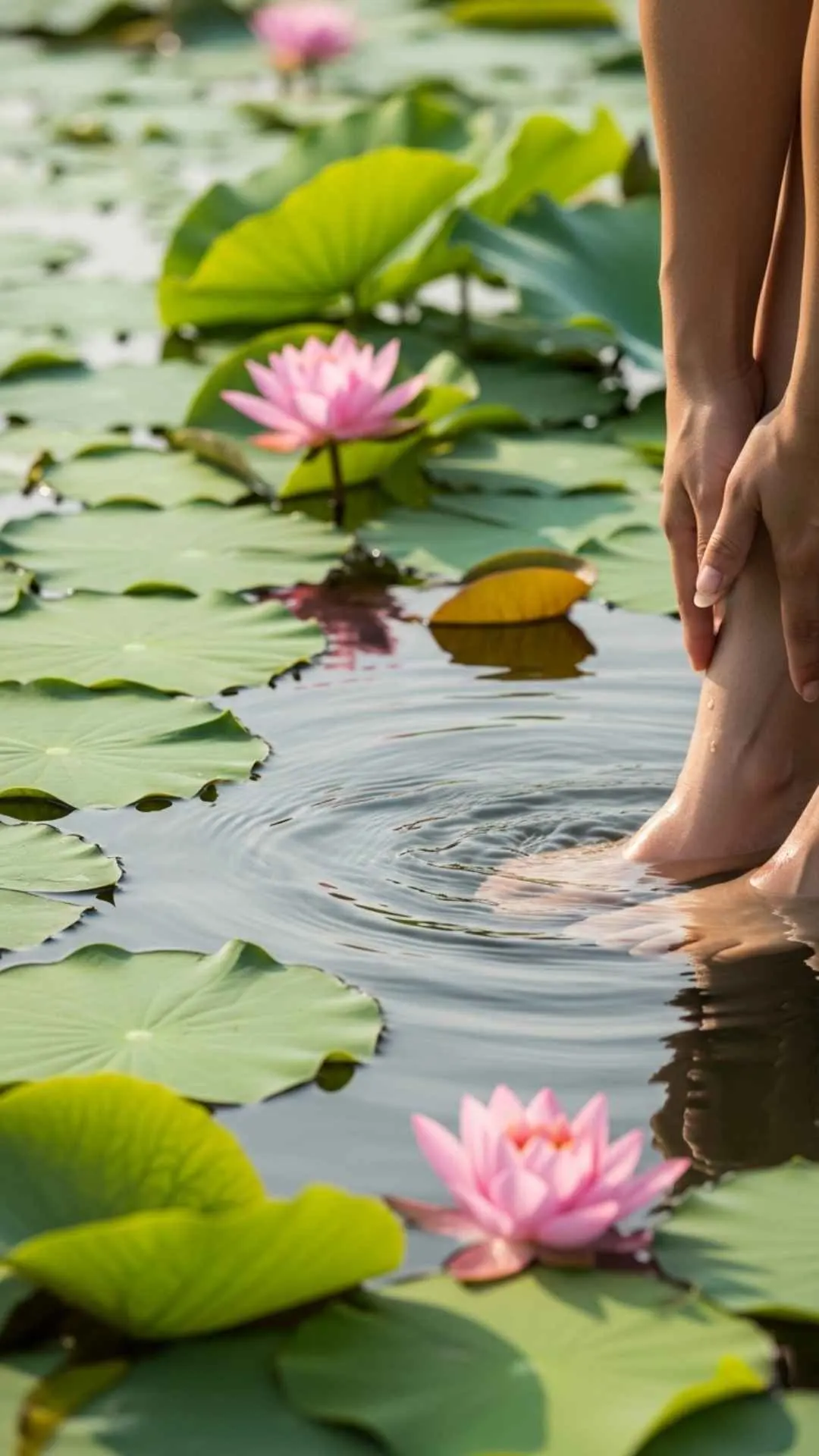 Bare feet touching the water of a serene lotus pond. A purifying and connecting nature DP for WhatsApp, symbolizing peace and spiritual cleansing. #lotuspond #purifying #connection