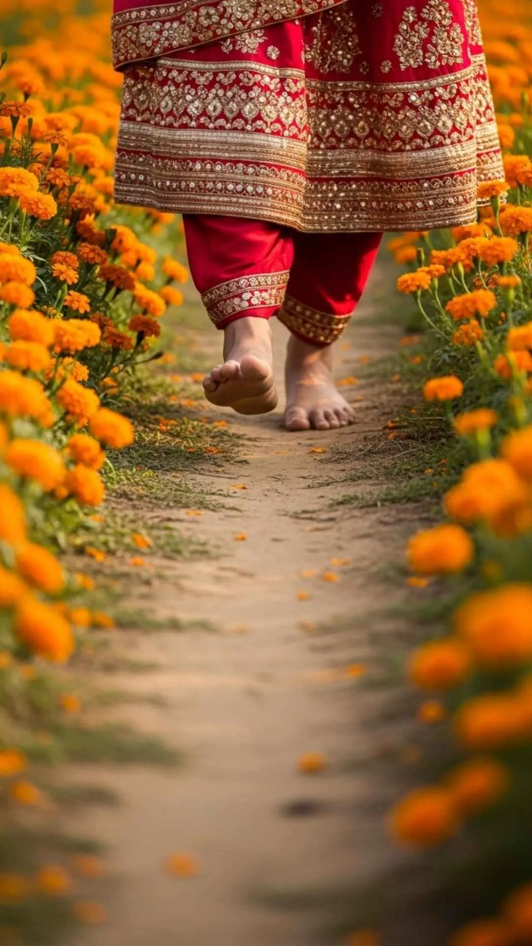 Feet walking through a bright field of orange marigold flowers. A joyful and free-spirited floral DP for WhatsApp, representing happiness and nature. #marigoldfield #joyfulsteps #naturewalk
