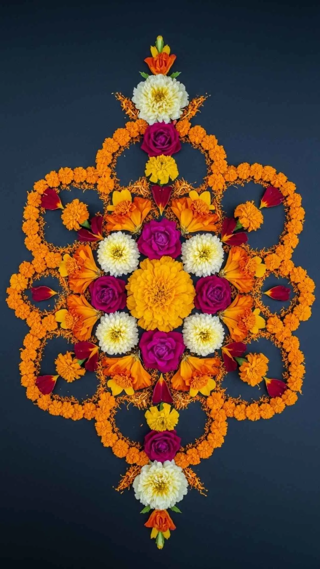 Floral mandala aesthetic DP, intricate design with marigold and rose petals, vibrant colors, Indian flower art, symmetrical profile picture.