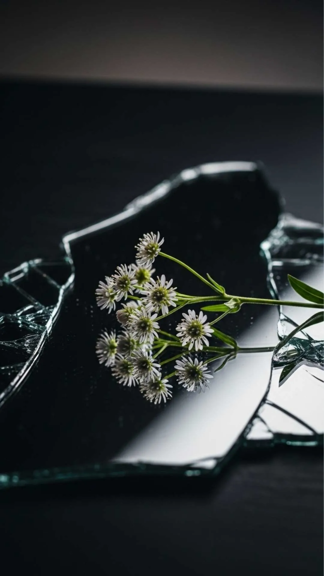 A deep and emotional DP of a flower on a broken mirror, an artistic and moody avatar that symbolizes a broken heart or finding beauty in imperfection.