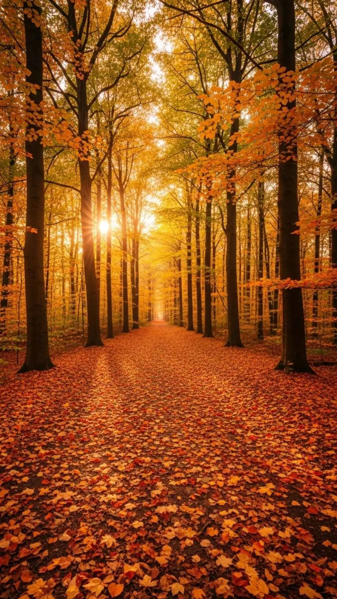 A forest path covered in a golden carpet of autumn leaves. A warm, healing, and romantic DP for lovers of autumn.