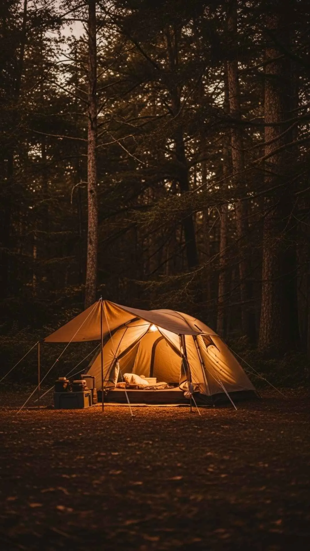 A cozy, glowing tent in a forest at night. A healing and peaceful DP representing safety, comfort, and being one with nature