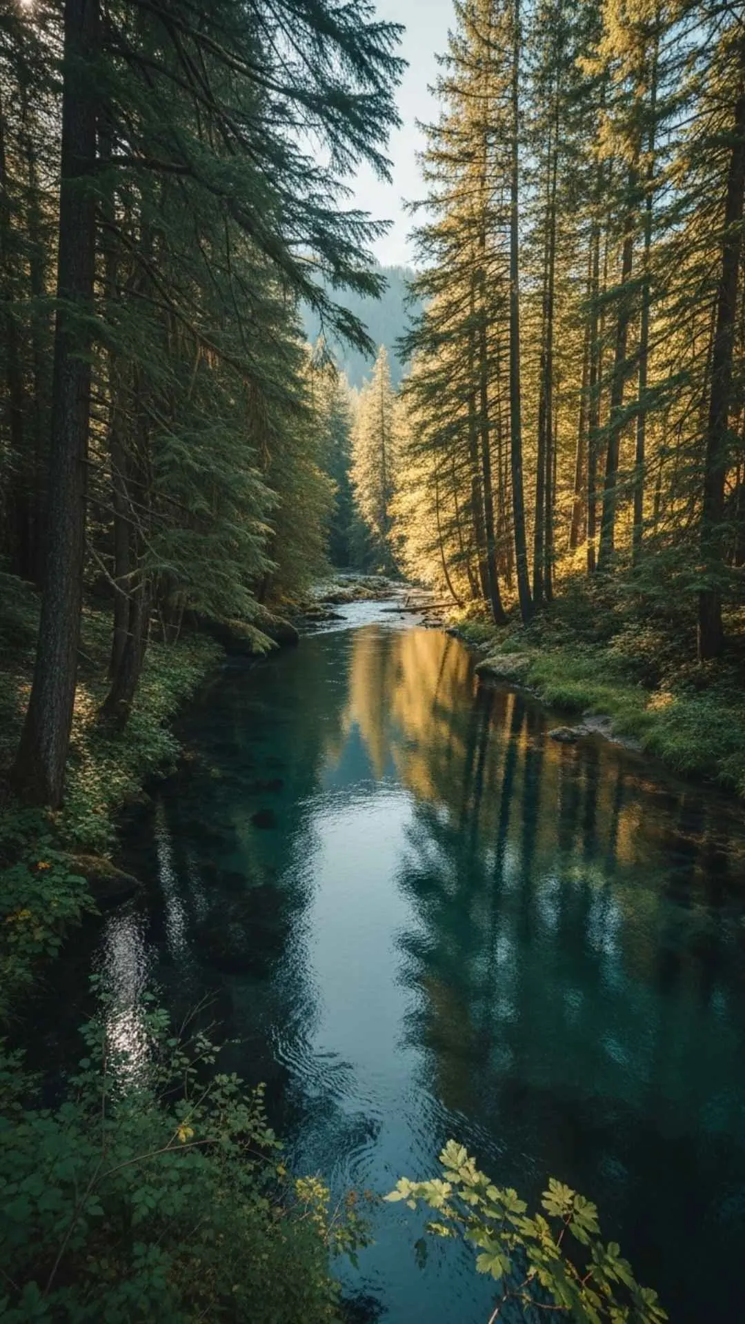 A calm river winding through an ancient forest. A peaceful and healing DP representing the flow of life and going with the flow