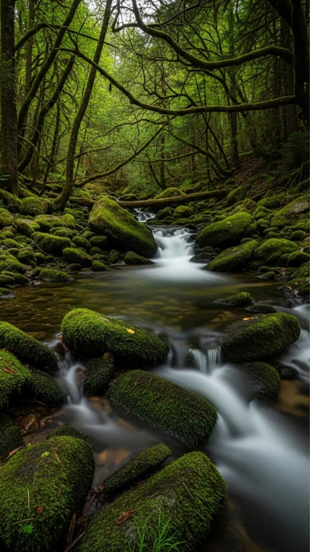 Clear forest stream DP for WhatsApp, flowing over mossy rocks in a shaded, serene setting. Relaxing water nature profile pic.