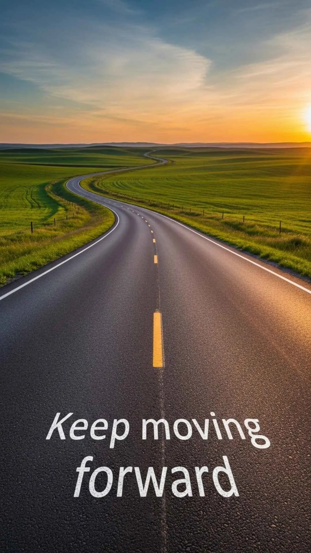 A long, winding road disappearing into the horizon, conveying a sense of journey and purpose, with the quote "Keep moving forward" subtly integrated into the sky or road.