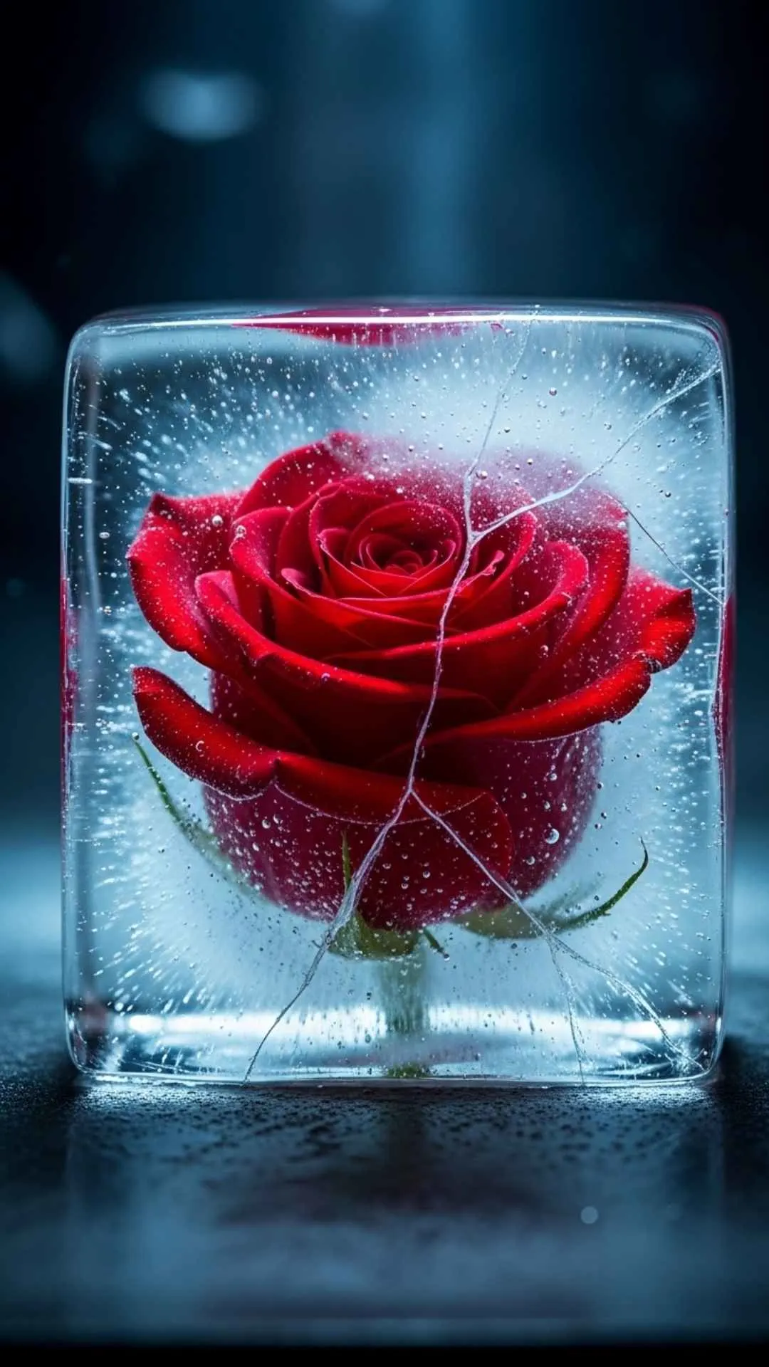 A unique sad love DP showing a red rose frozen in a block of ice, a 4K image symbolizing a broken heart, a trapped memory, or feeling emotionally cold.