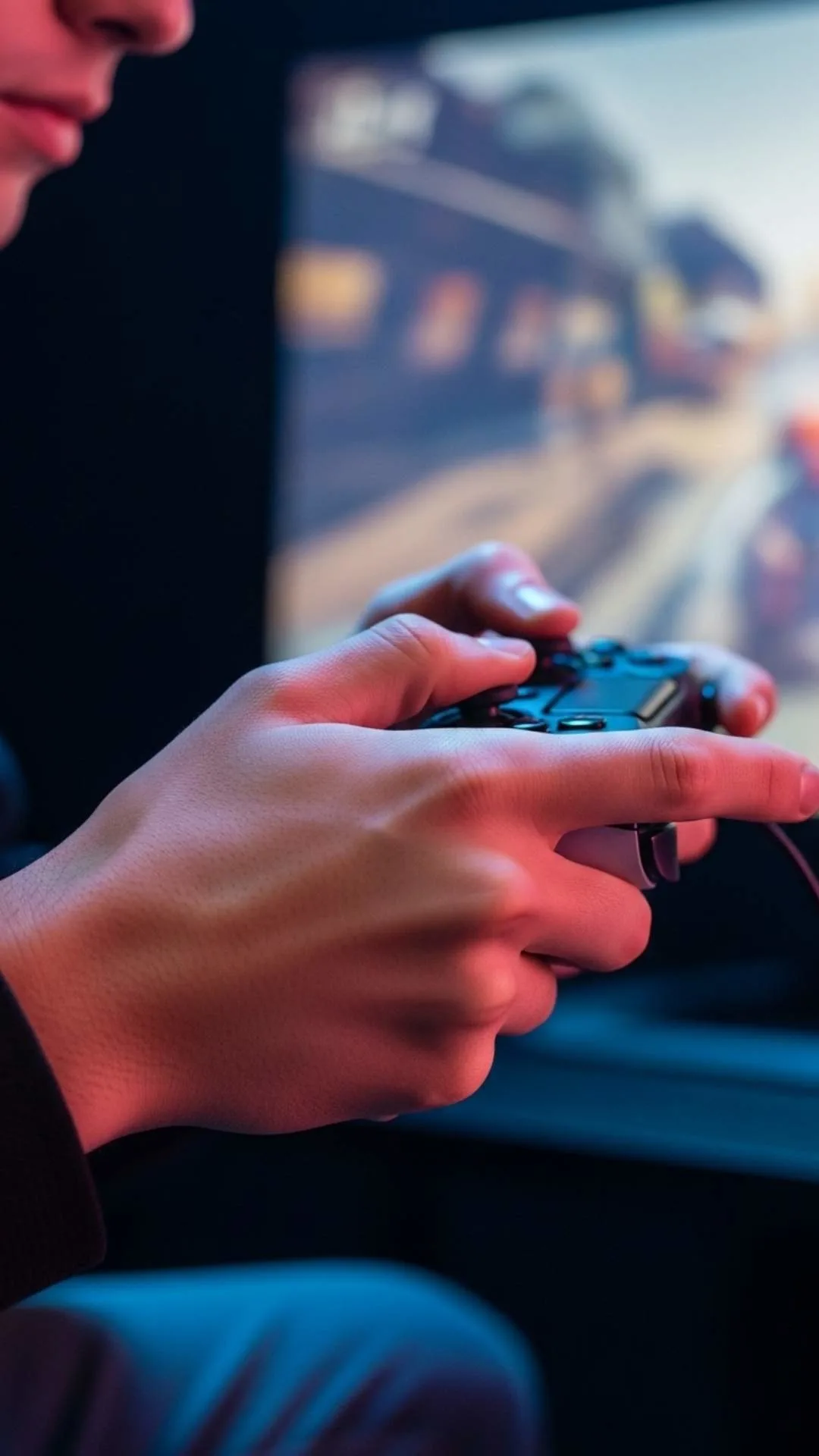 Close-up of hands holding a gaming controller with screen reflections, perfect for a gaming Instagram DP for boys.