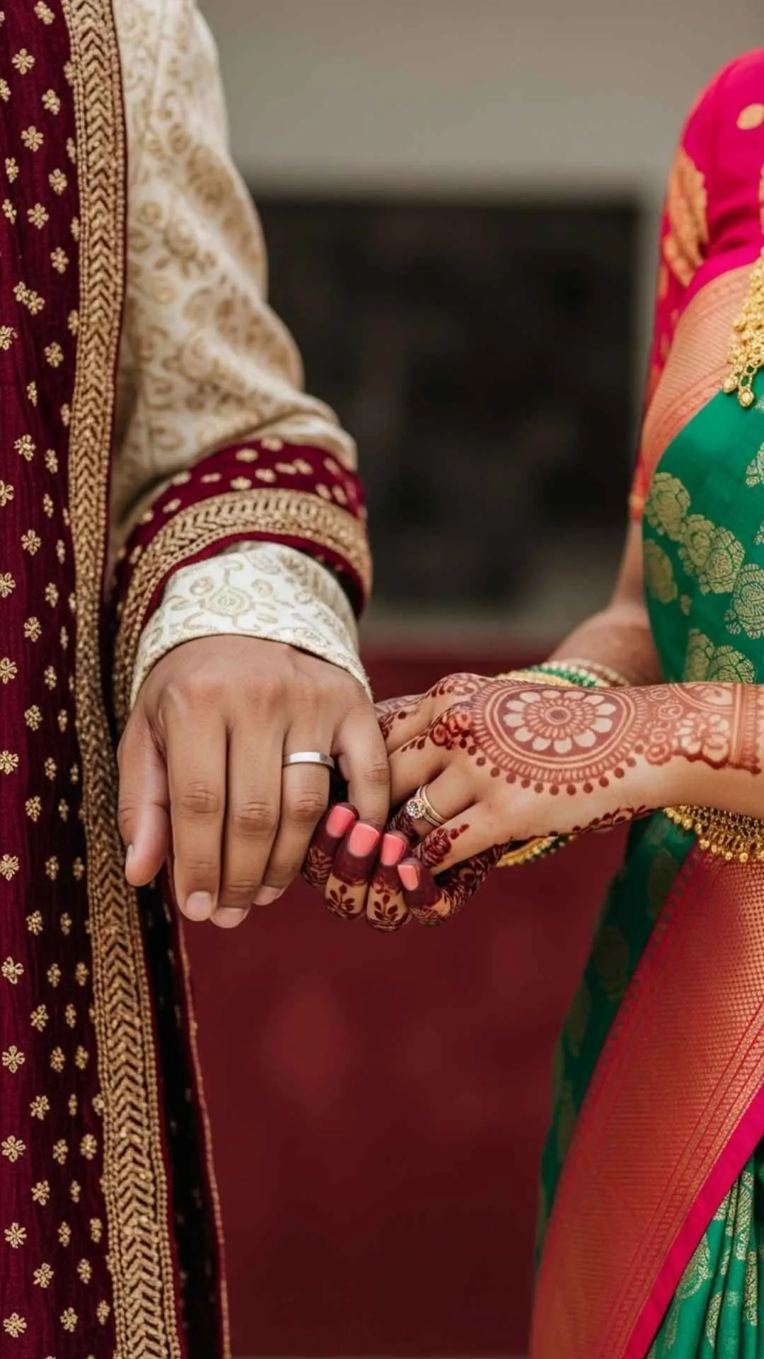 Hands of an Indian couple gently touching, vibrant traditional garments in background, affectionate bond, colorful healing.