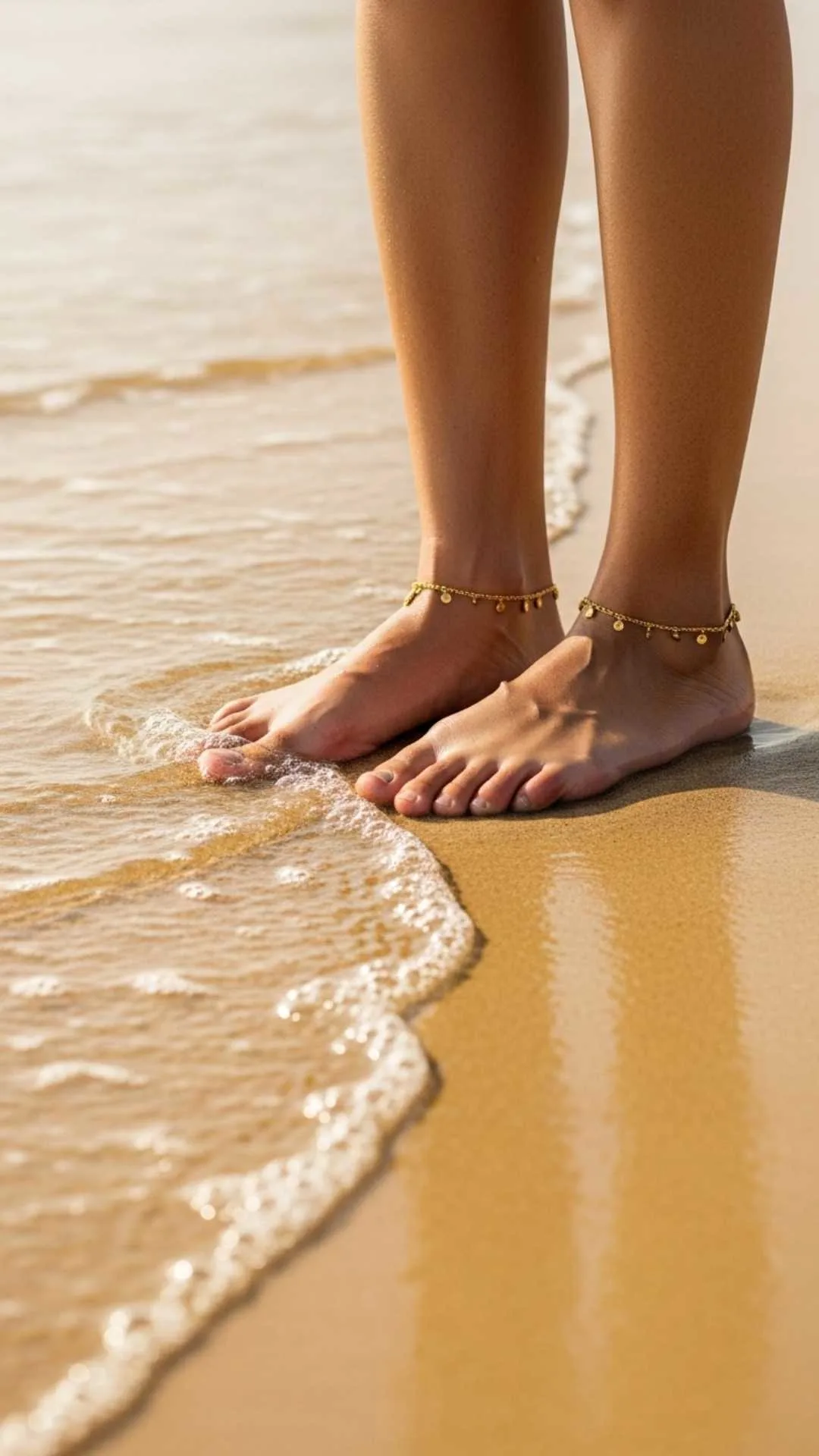 Peaceful attitude DP, barefoot on sand, healing beach profile