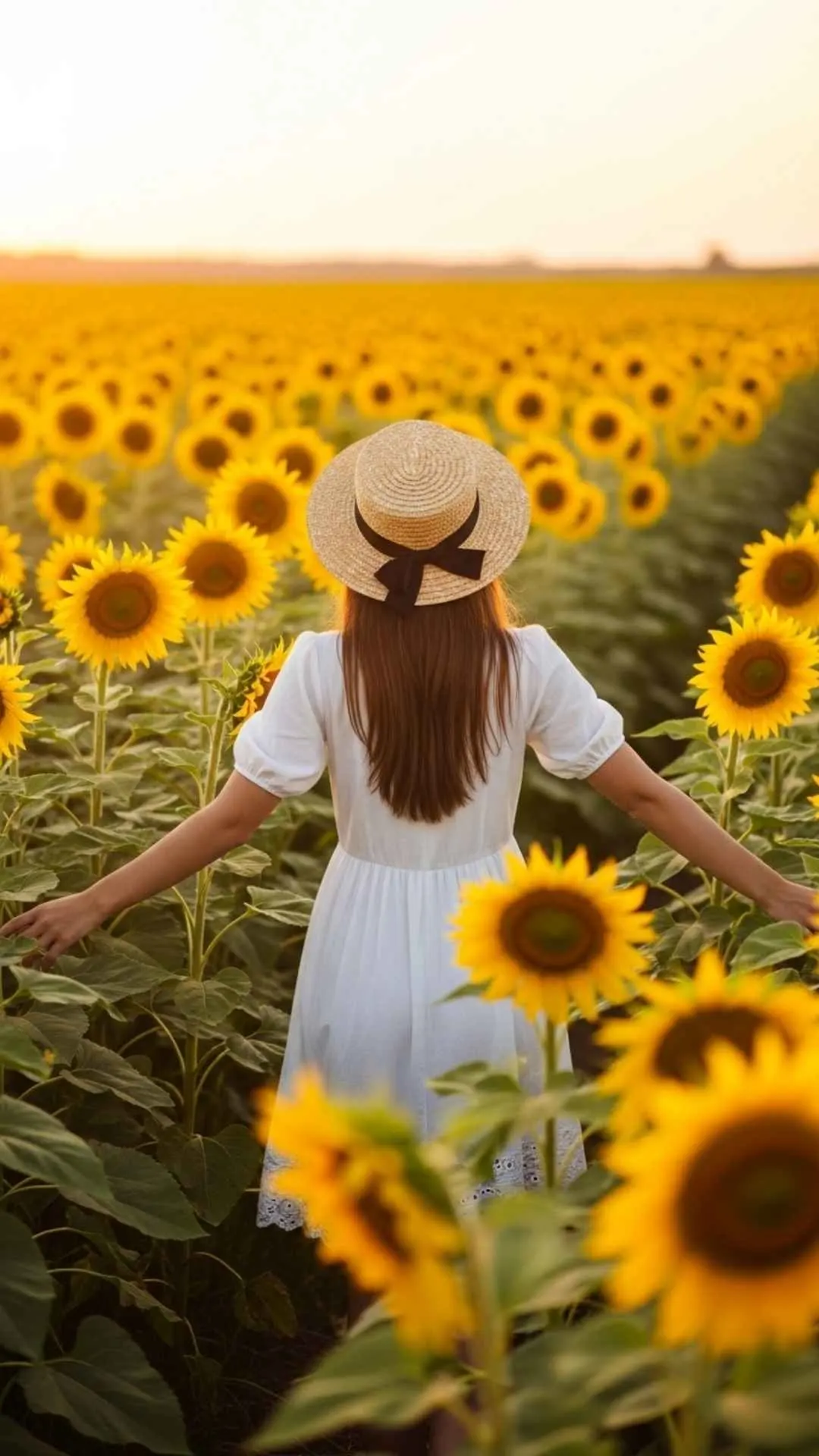 An aesthetic DP for girls showing a girl in a white dress in a sunflower field at sunset, a happy and romantic avatar symbolizing freedom and joy.