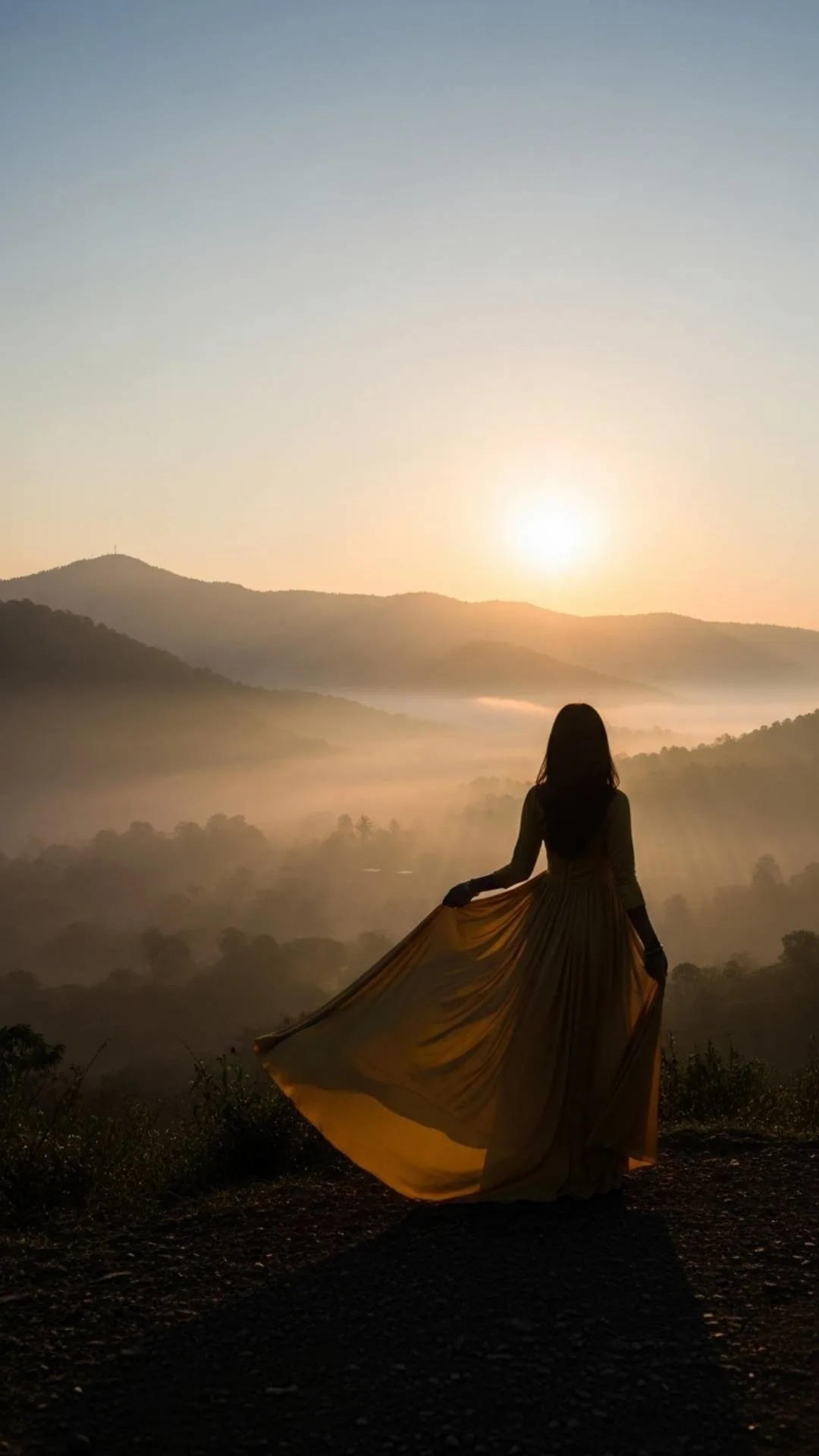 Ethereal attitude DP, sunrise silhouette, graceful girl profile picture.