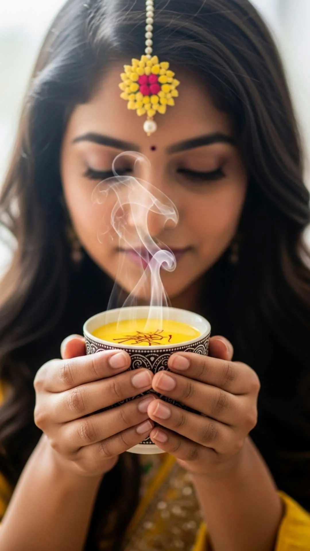 Comforting attitude DP, Indian girl's hands, saffron milk, warm profile picture.