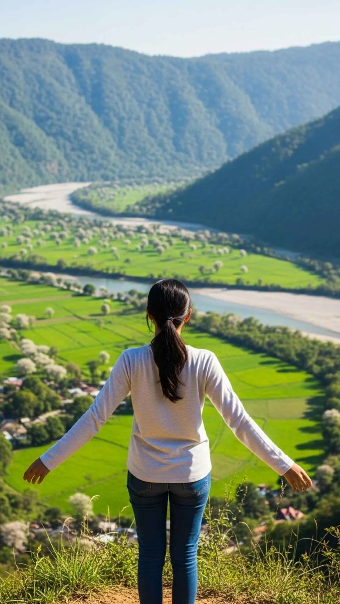 Expansive attitude DP, girl viewing valley, grateful profile picture.