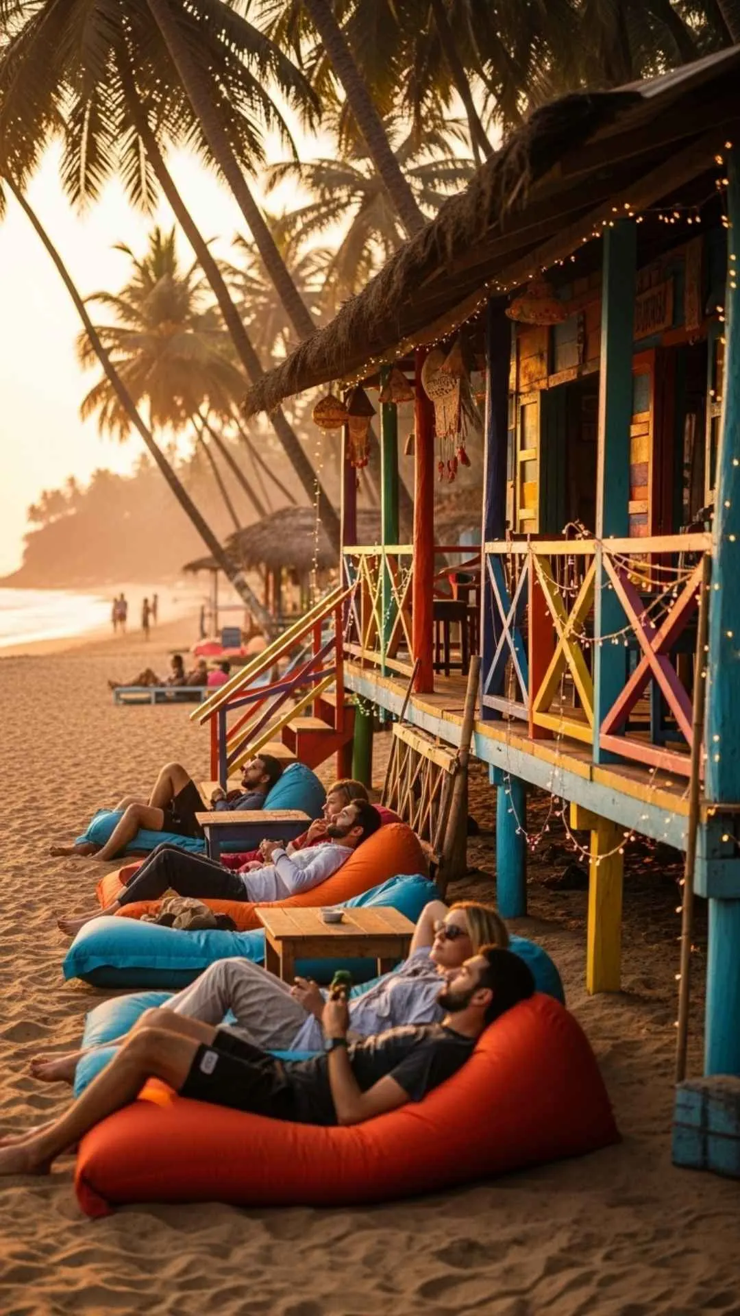 A colorful beach shack on a Goa beach at sunset. A joyful and vibrant DP for WhatsApp representing the fun and free spirit of Goa, India.
