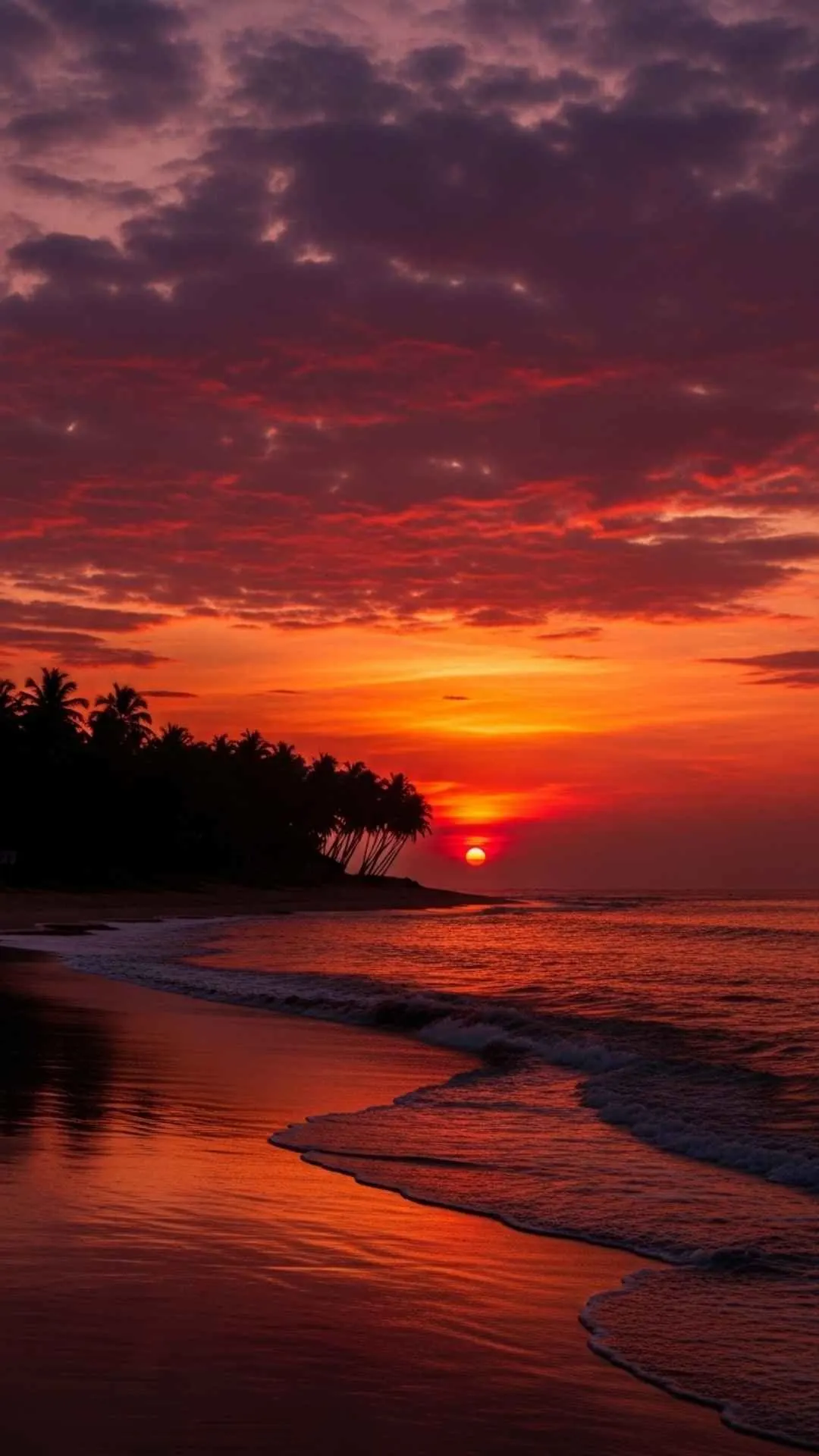 Peaceful Goan beach sunset DP for WhatsApp, showing a colorful sky, silhouetted palm trees, and calming ocean waves. Perfect beach nature profile picture.