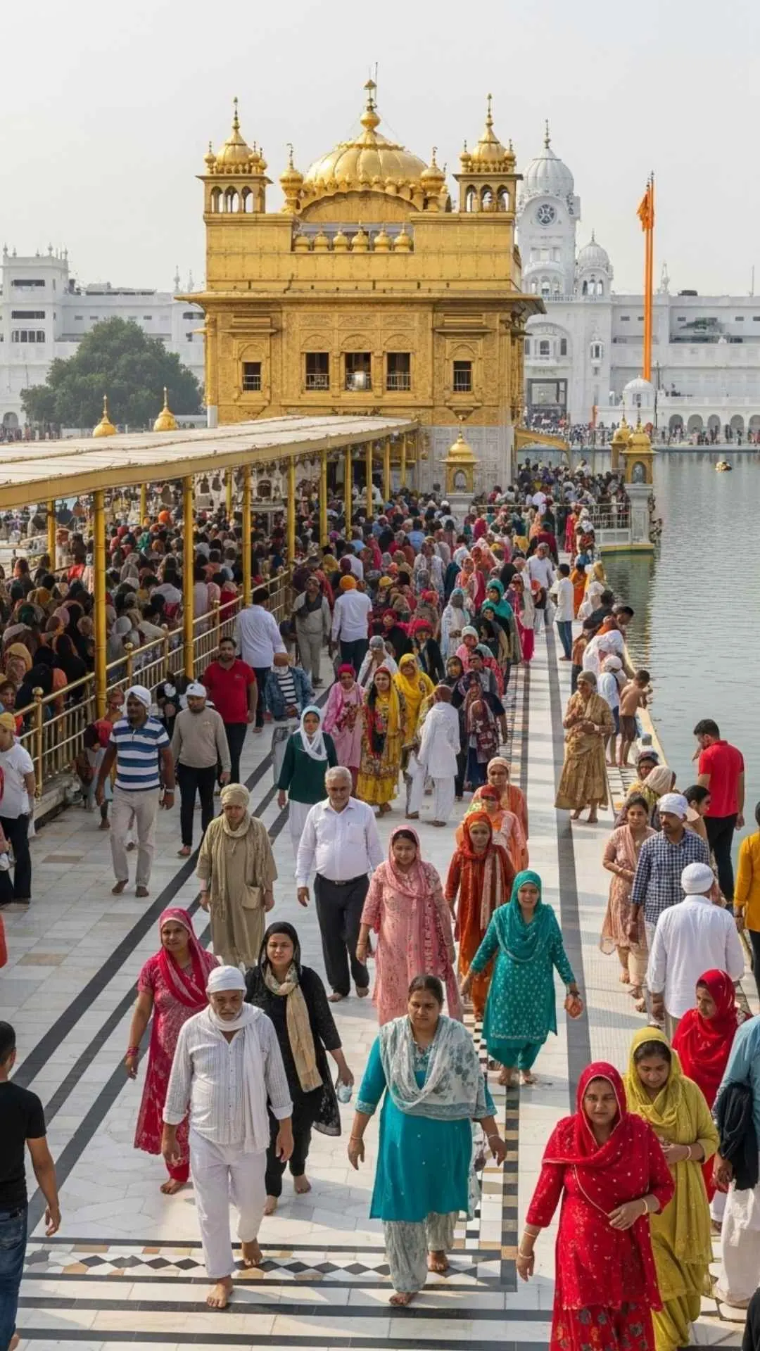 A vibrant DP showing devotees on the Parikrama of the Golden Temple, a symbol of community, devotion, and the Sikh principle of Seva (selfless service). #GoldenTemple #Devotion #Seva #SikhCommunity #HarmandirSahib