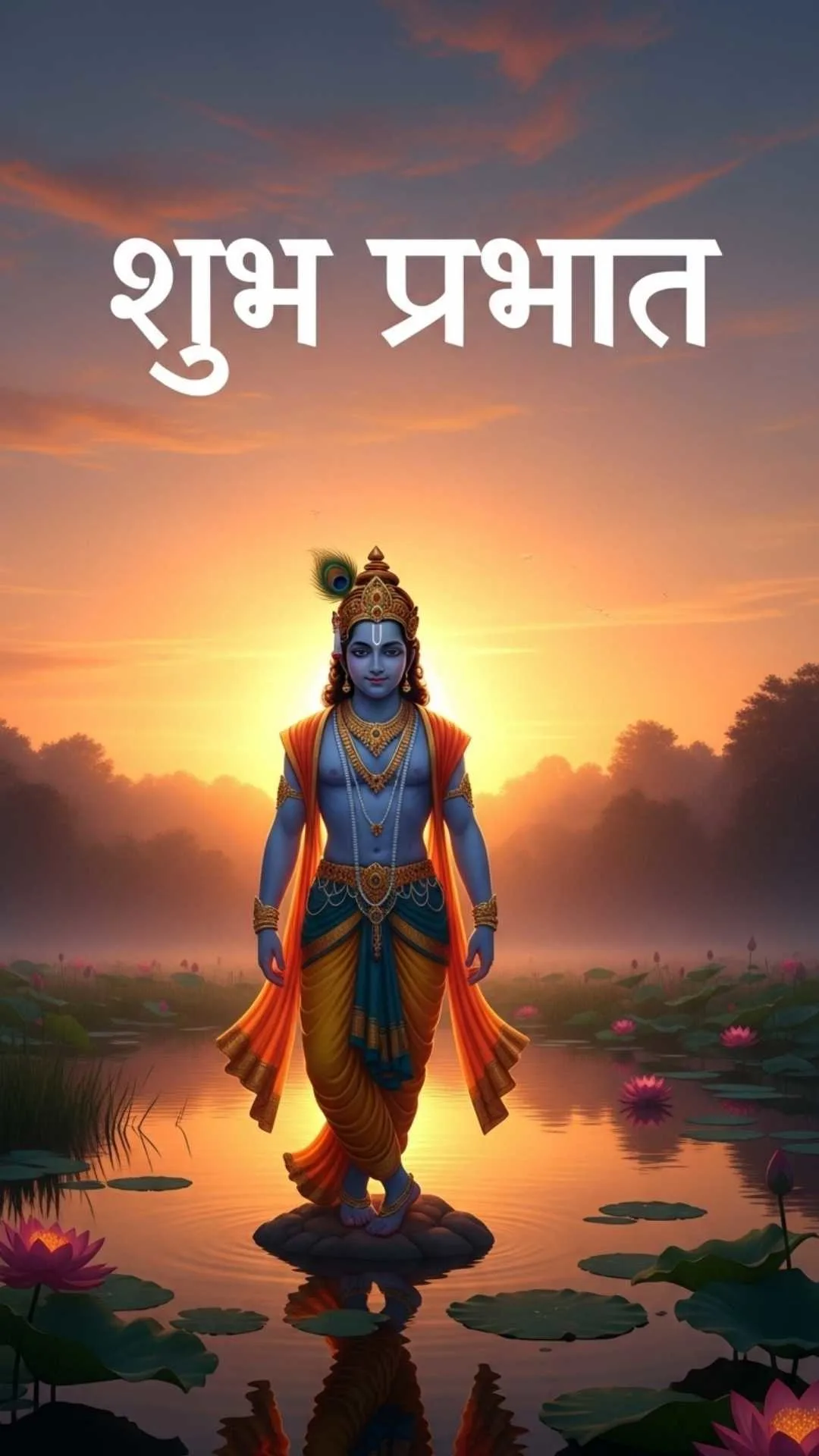 Good Morning God DP, Lord Krishna with "Shubh Prabhat" in Hindi, serene sunrise and lotus pond background, for spiritual morning wishes.