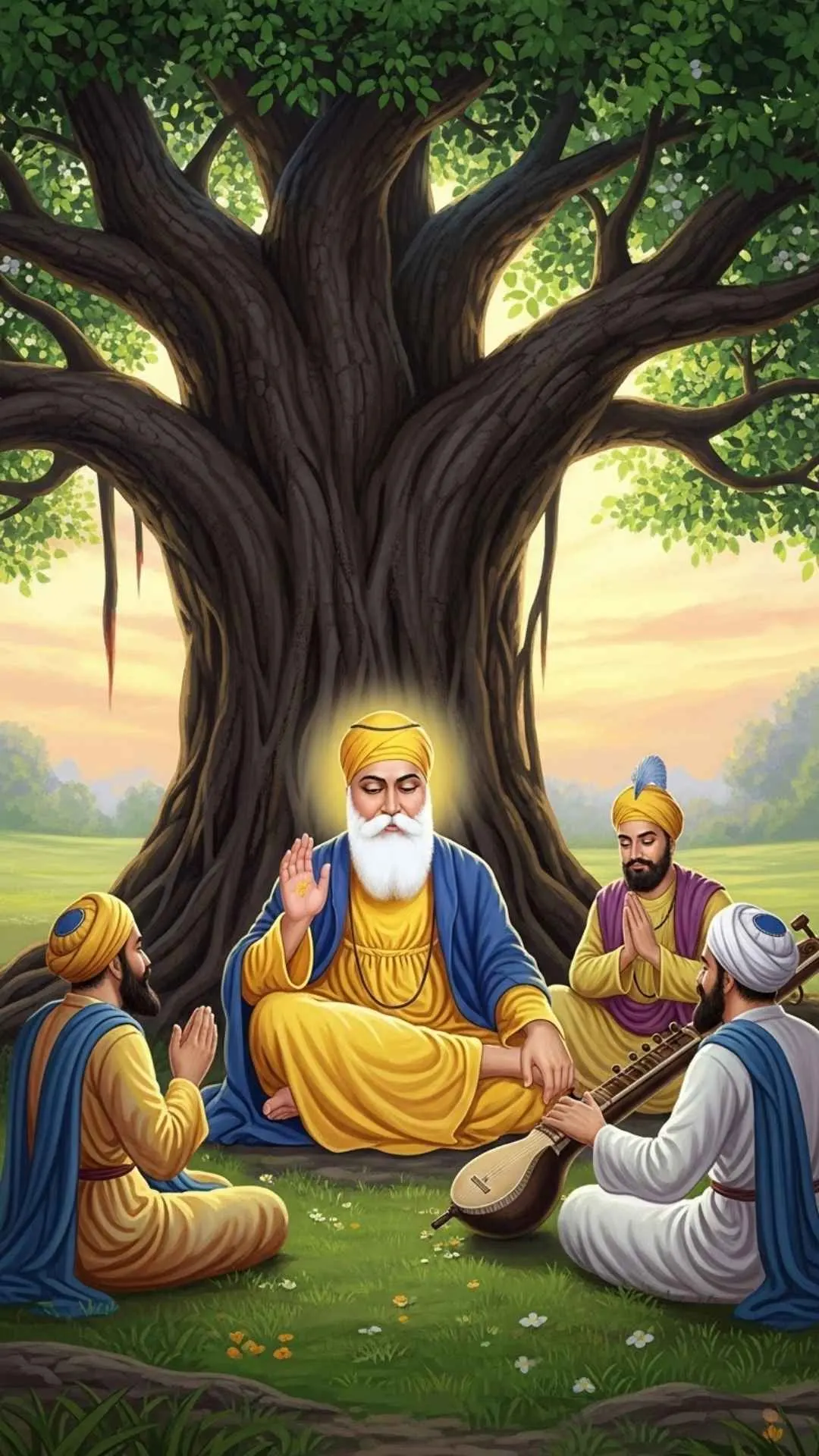 A serene DP of Guru Nanak Dev Ji teaching under a tree, accompanied by Bhai Bala and Bhai Mardana. A symbol of divine wisdom and peace. #GuruNanakDevJi #SikhGuru #Wisdom #Peace #Gurbani
