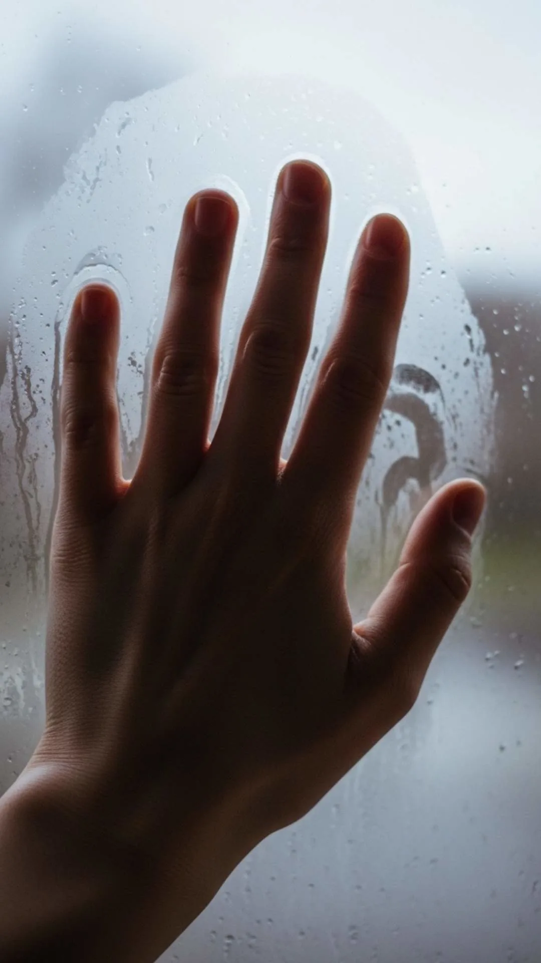 Hand on steamed window, conveying quiet reflection and introspection.