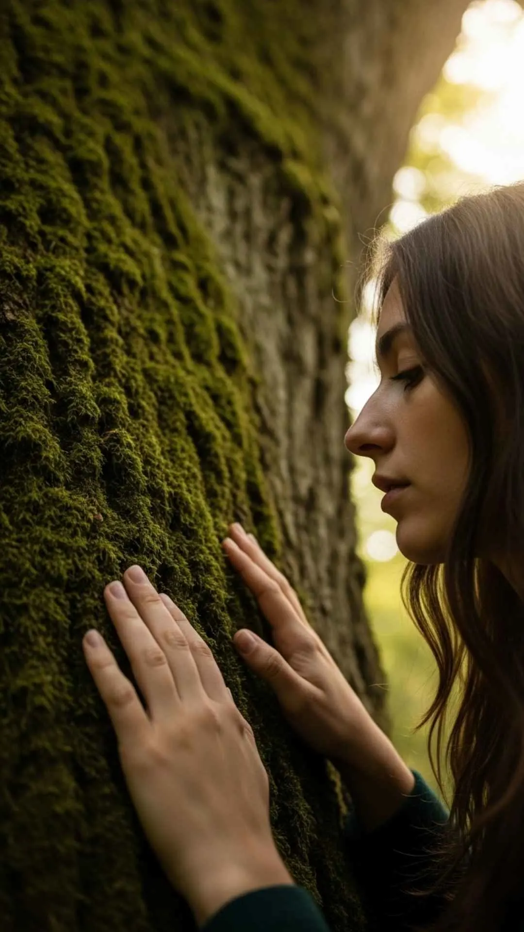 A hand gently touching the mossy bark of an ancient tree. A healing DP symbolizing the deep, loving connection between humans and nature