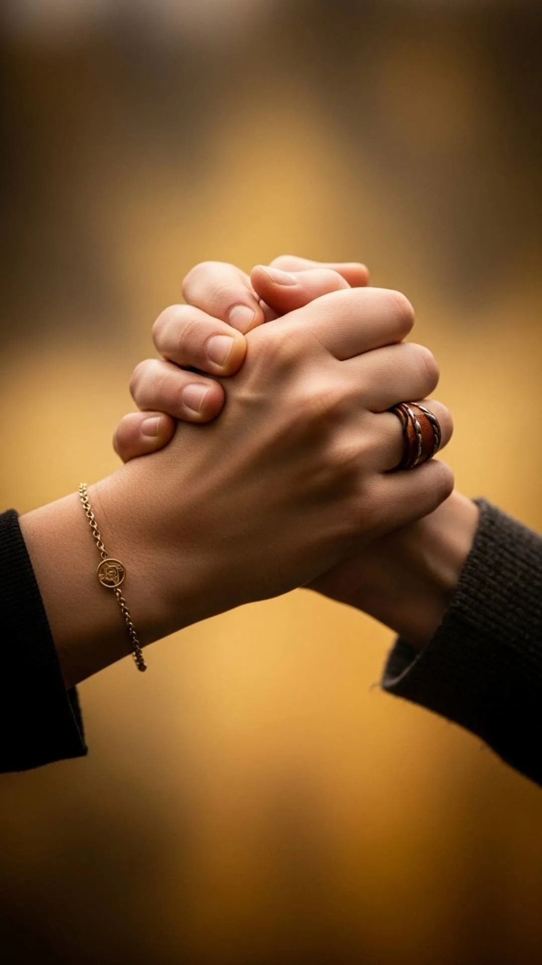A powerful image of two hands clasped tightly, symbolizing determination and unity, against a blurred, warm-toned background.