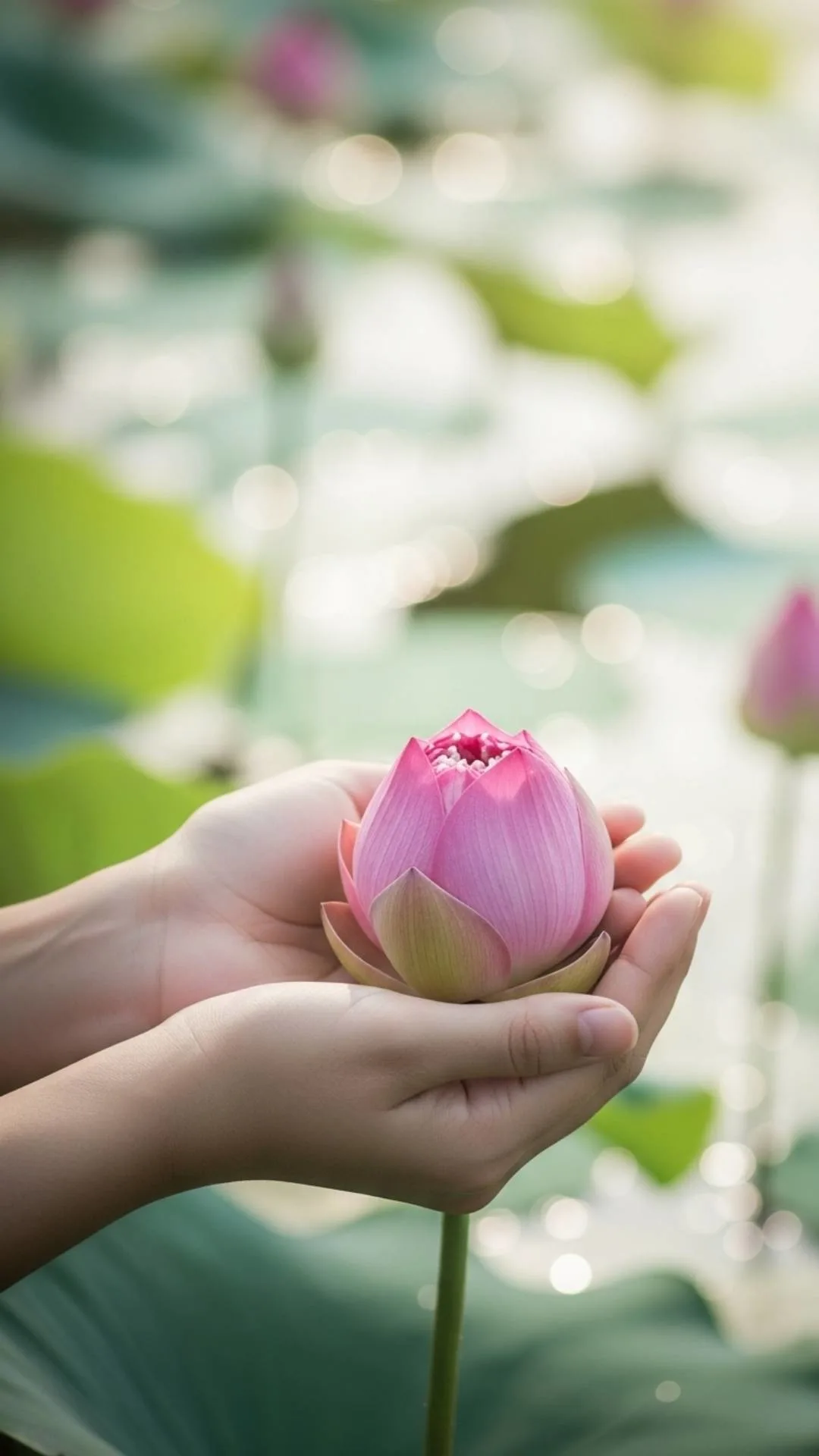 Gentle hands holding a delicate pink lotus bud. A healing and hopeful nature DP for WhatsApp, symbolizing purity and new beginnings. #lotus #healing #peace