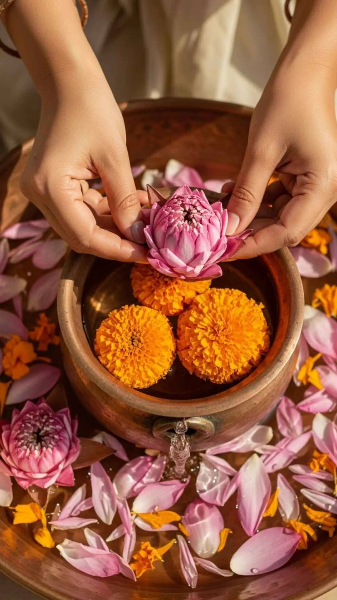 Hands placing lotus and marigold flowers in a copper bowl filled with water. A healing and serene floral DP for WhatsApp, evoking relaxation and wellness. #floralbath #healingflowers #serene