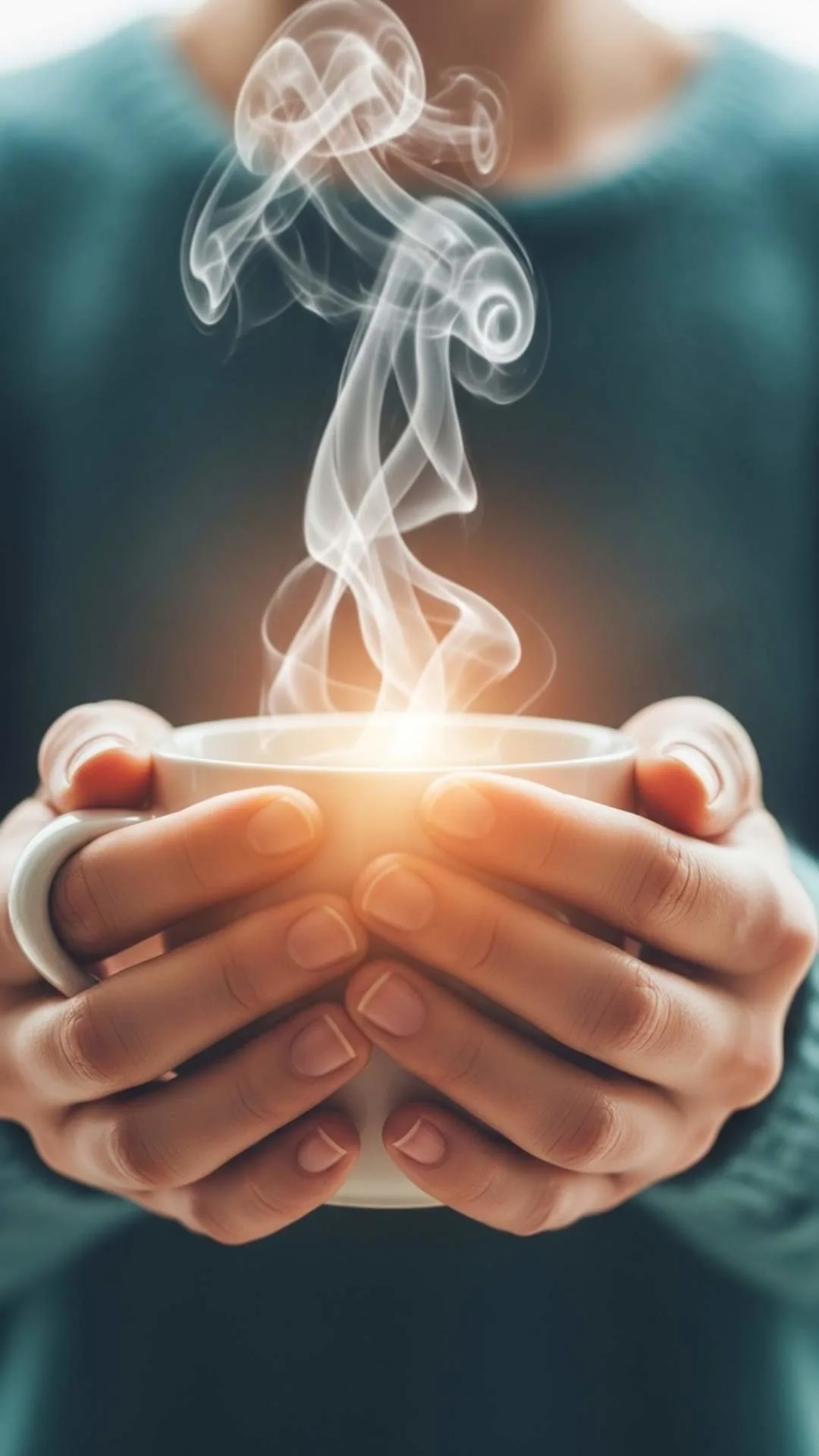 Hands warming a mug of tea, symbolizing comfort and inner peace.