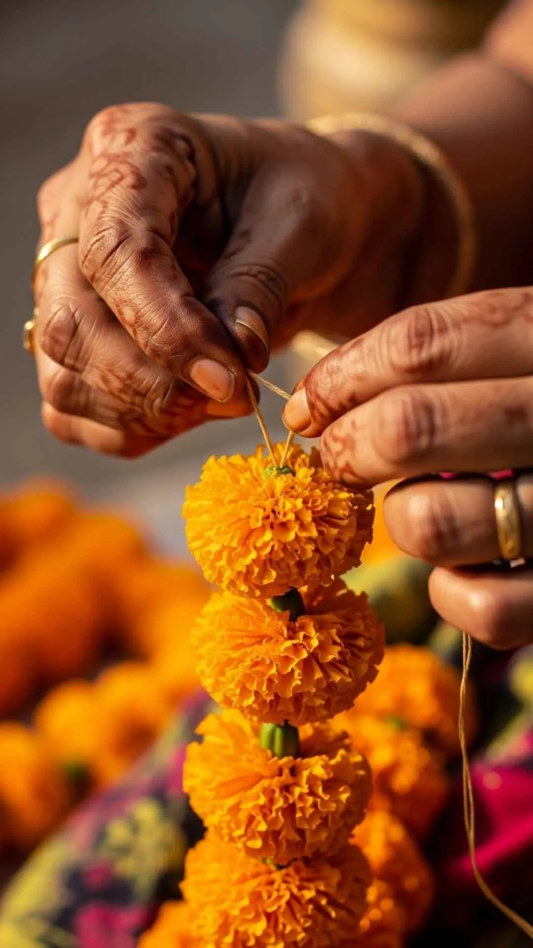 Hands weaving a vibrant garland of orange marigold flowers. A festive and creative floral DP for WhatsApp, symbolizing celebration and tradition. #marigoldgarland #festival #creation