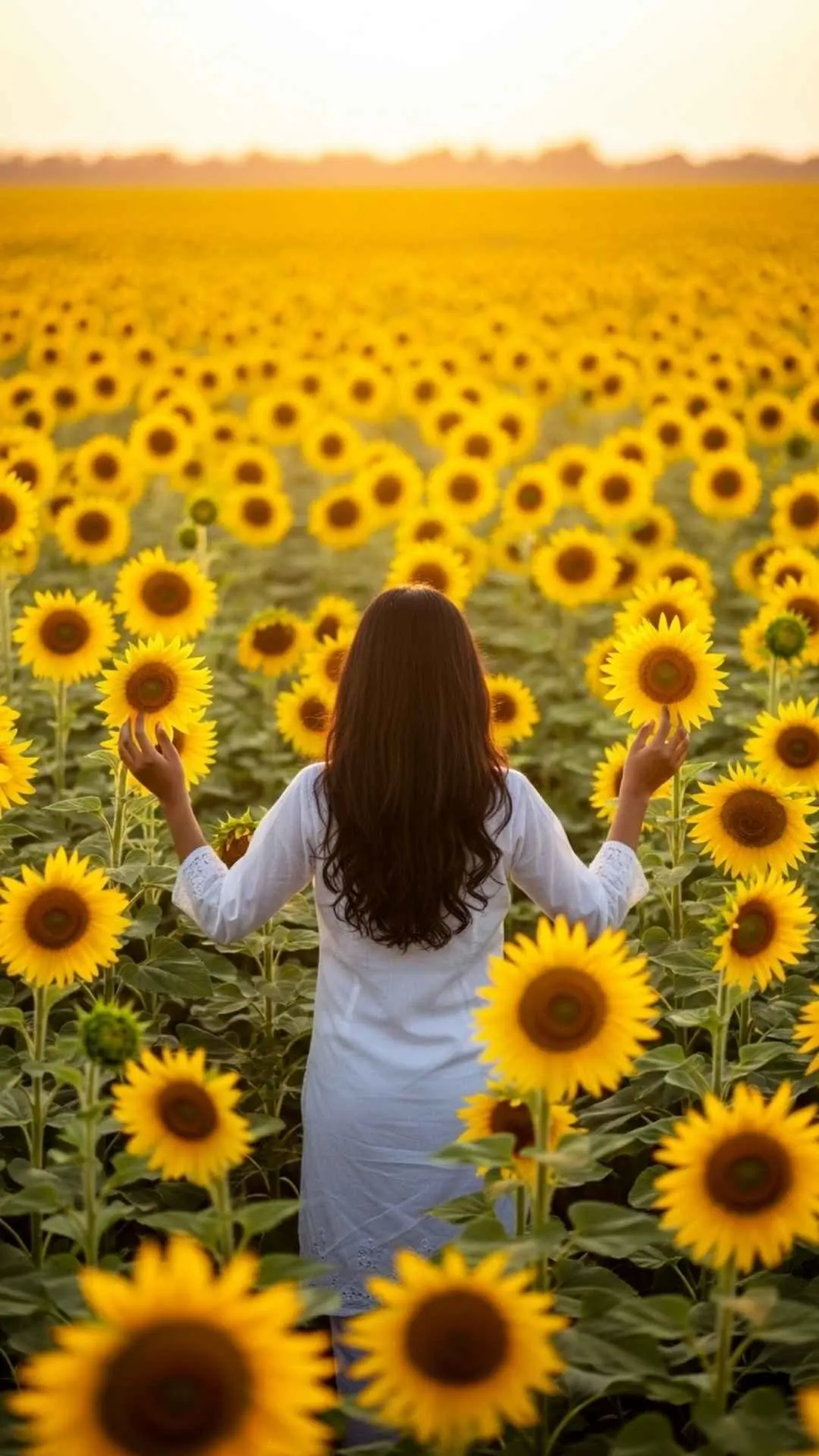 A healing and positive mindset DP of a girl in a sunflower field. This joyful image symbolizes optimism, happiness, and embracing good energy.
