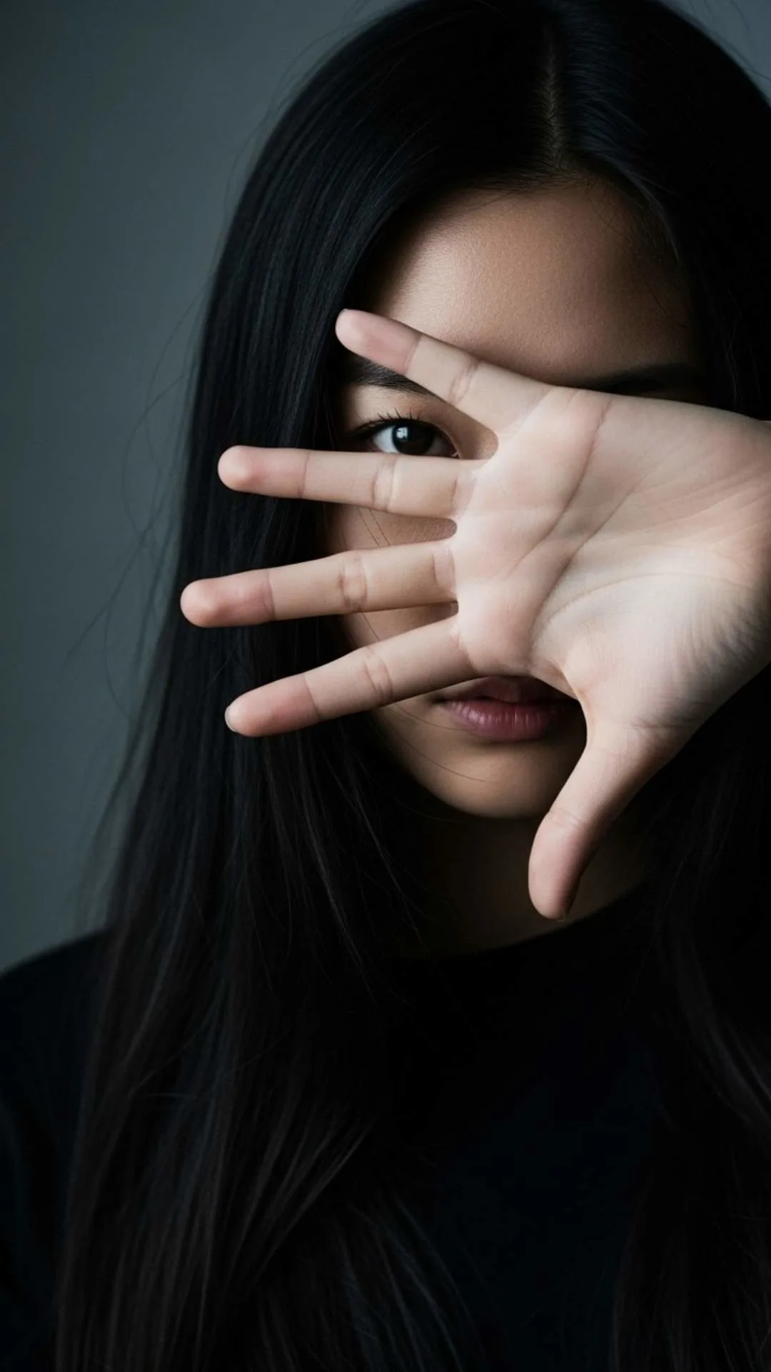 An artistic hidden face DP of a person covering their face with their hand and peeking with one eye. A mysterious and emotional style. #HandOverFace #Mystery #ArtisticDP #Emotional #HiddenFace