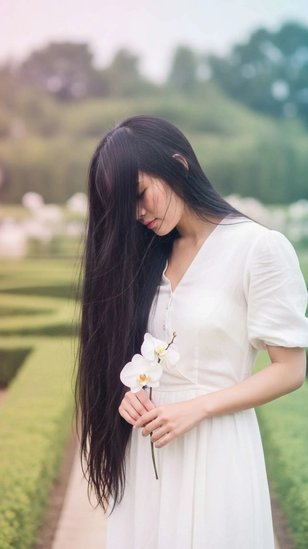 A shy and aesthetic hidden face DP of a person looking down, with their hair covering their face. A dreamy and introverted style. #HiddenFaceDP #ShyGirlDP #Dreamy #AestheticDP #Introvert