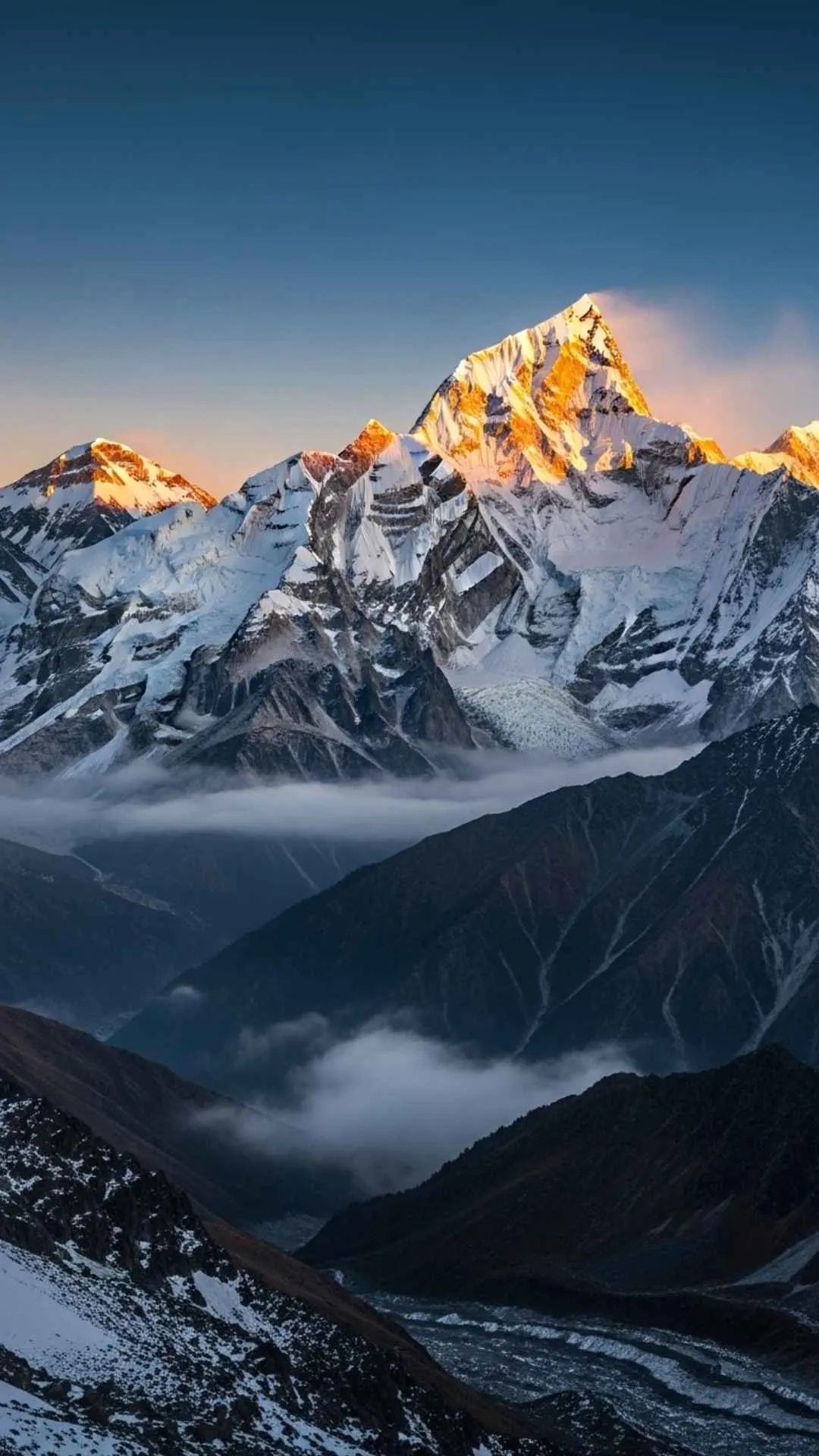 Stunning Himalayan sunrise DP for WhatsApp, featuring golden light on snow peaks and misty valleys. Ideal mountain nature DP for mobile.