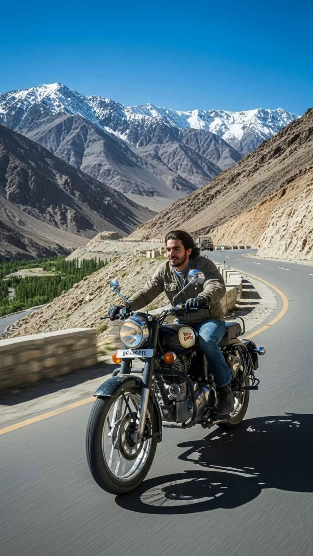 A Royal Enfield motorcycle on an adventurous road trip in the Himalayas. A cool and joyful DP for travelers, bikers, and free spirits